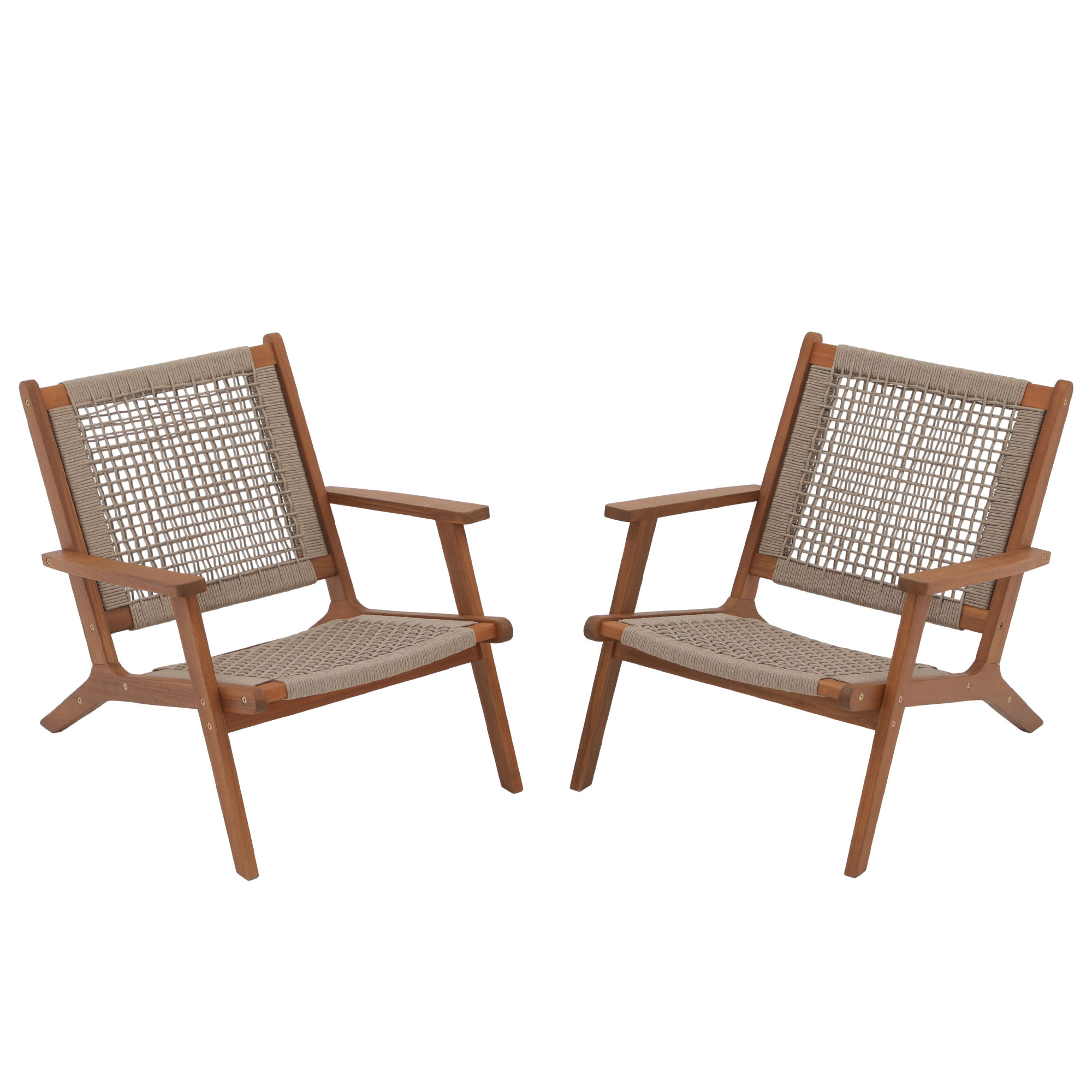 Wood Patio Lounge Chairs, Modern Acacia Wood Accent Armchair with Handwoven Rope, Set of 2