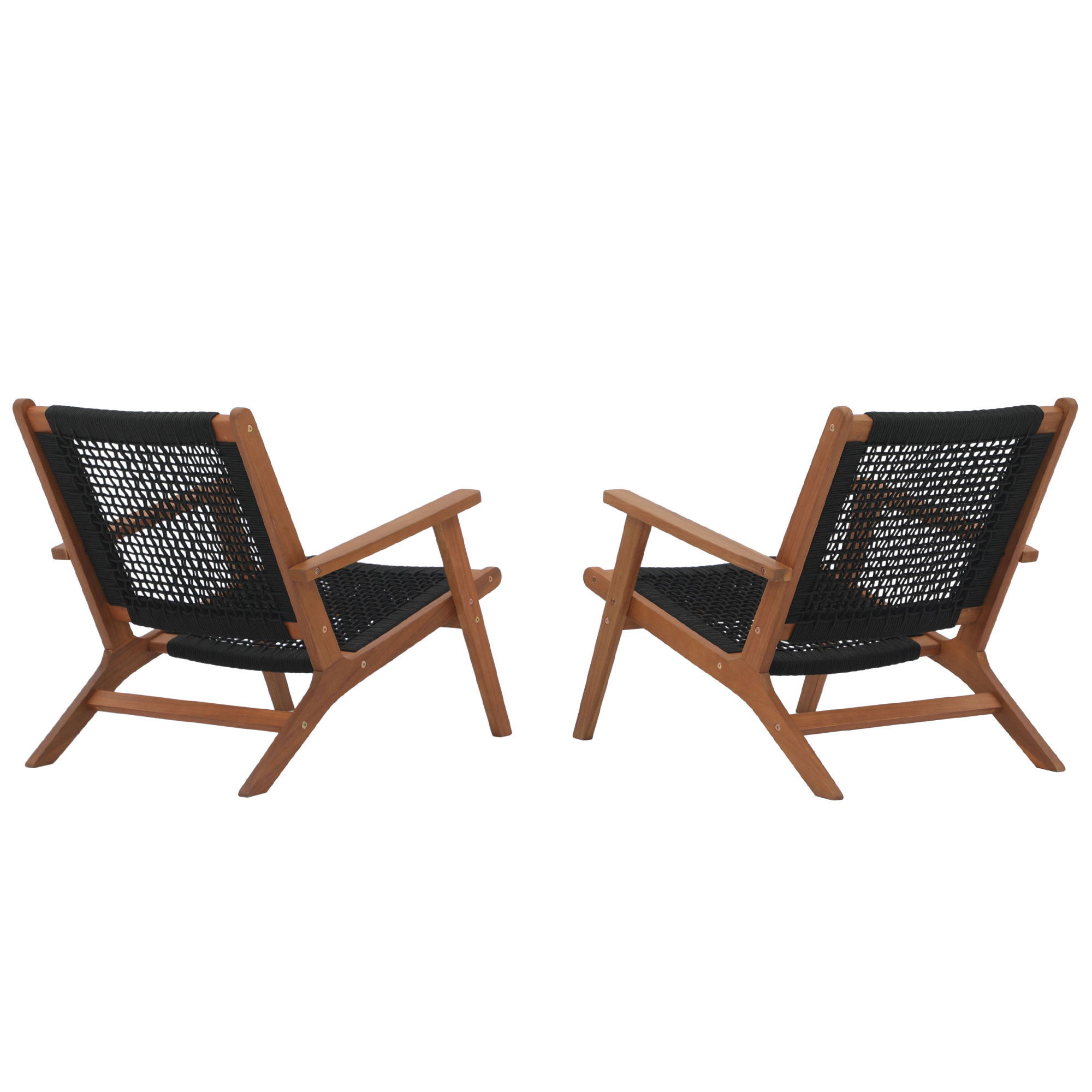 Wood Patio Lounge Chairs, Modern Acacia Wood Accent Armchair with Handwoven Rope, Set of 2