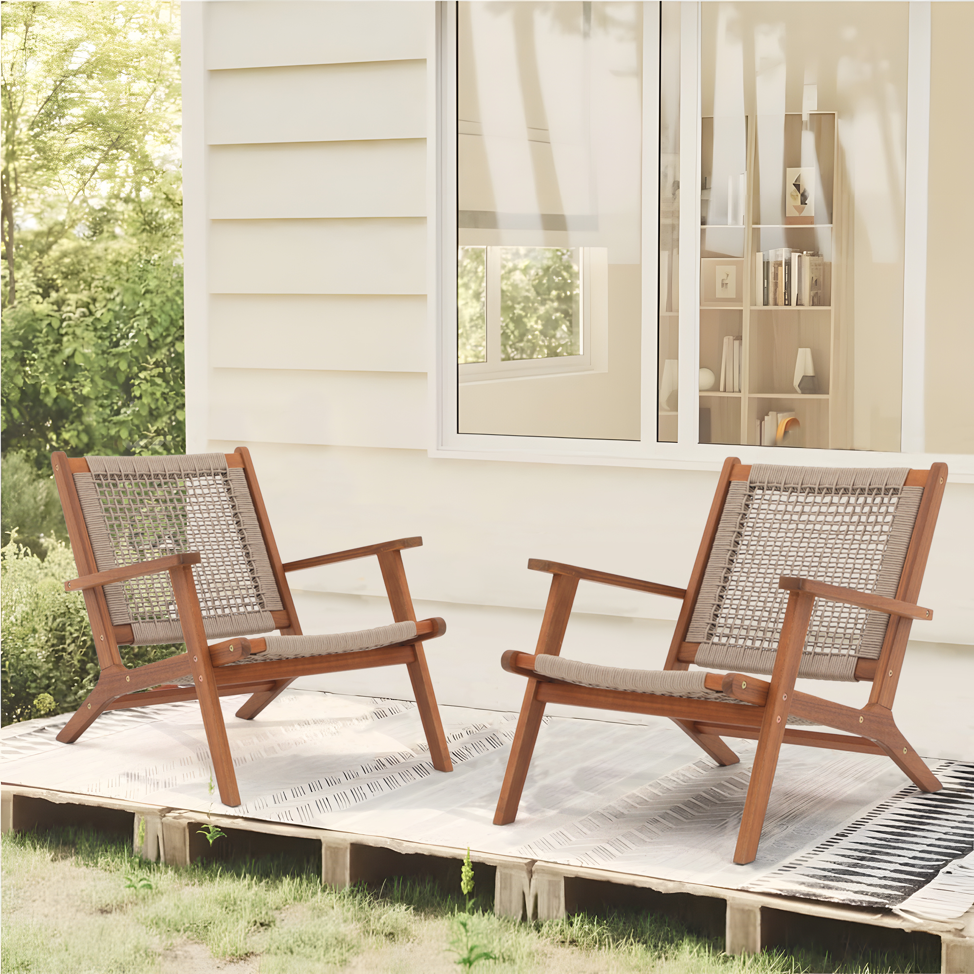 Wood Patio Lounge Chairs, Modern Acacia Wood Accent Armchair with Handwoven Rope, Set of 2