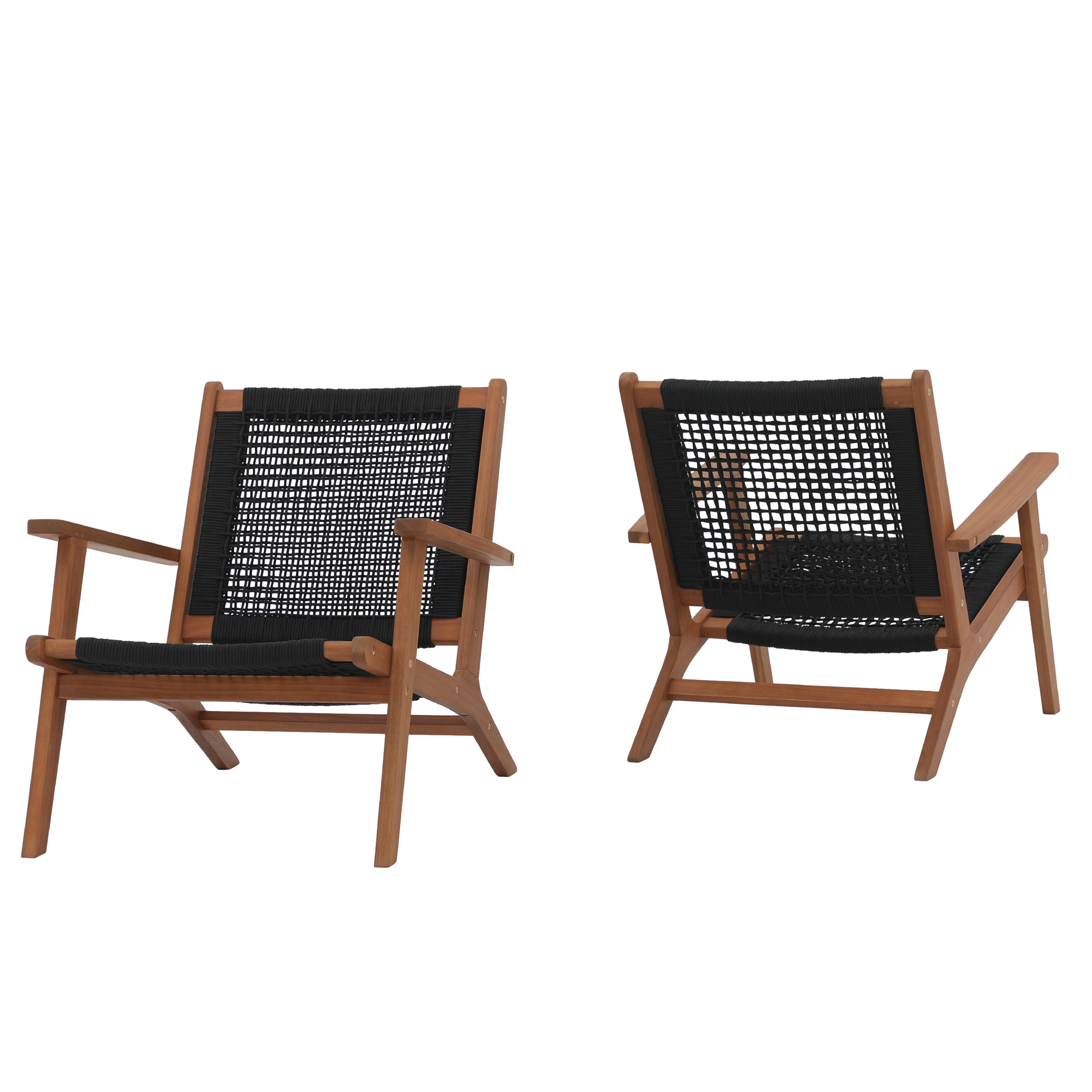 Wood Patio Lounge Chairs, Modern Acacia Wood Accent Armchair with Handwoven Rope, Set of 2