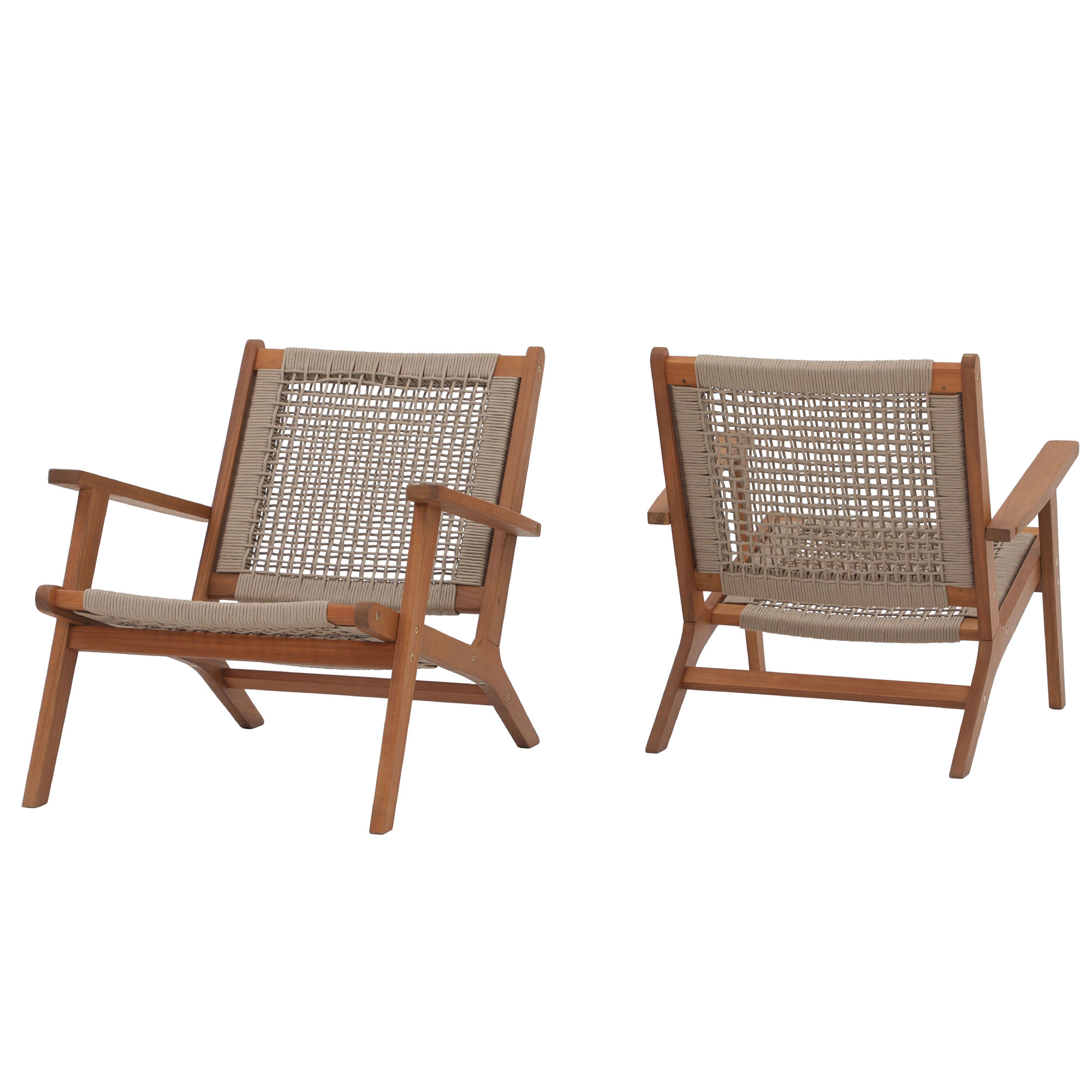 Wood Patio Lounge Chairs, Modern Acacia Wood Accent Armchair with Handwoven Rope, Set of 2