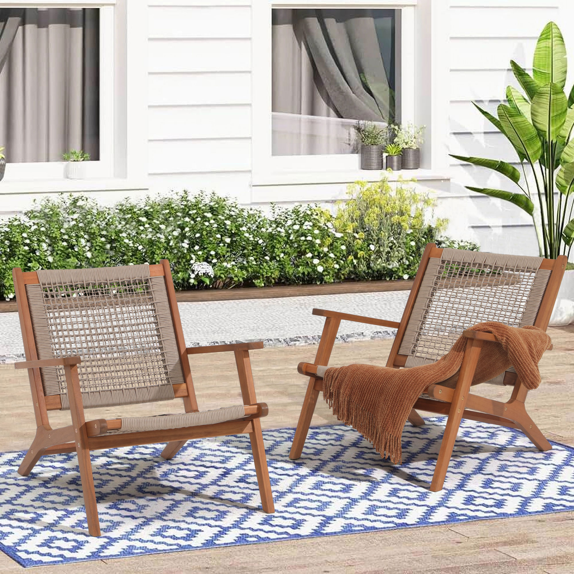 Wood Patio Lounge Chairs, Modern Acacia Wood Accent Armchair with Handwoven Rope, Set of 2
