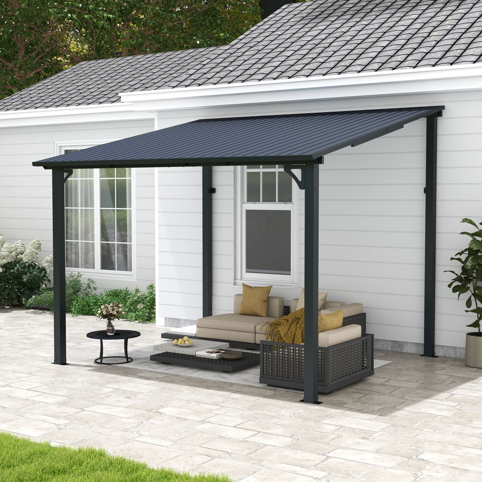 Outdoor Gazebo, Outdoor Lean to Gazebo Pergola w/Drainage Holes, Wall-Mounted Gazebo with Hard Top Metal Awnings for Patio Backyard Deck, Dark Grey