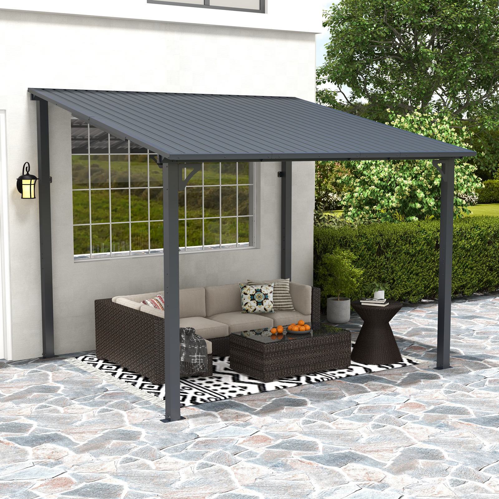 Outdoor Gazebo, Outdoor Lean to Gazebo Pergola w/Drainage Holes, Wall-Mounted Gazebo with Hard Top Metal Awnings for Patio Backyard Deck, Dark Grey