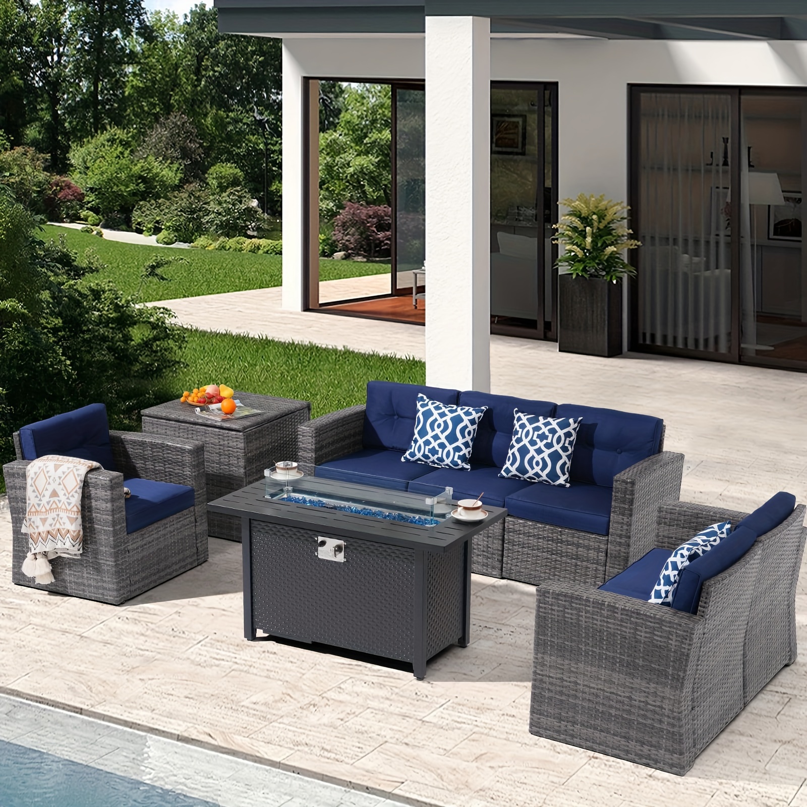8 Pieces Patio Furniture Set with 50000 BTU Outdoor Fire Pit Table and Wicker Waterproof Storage Box