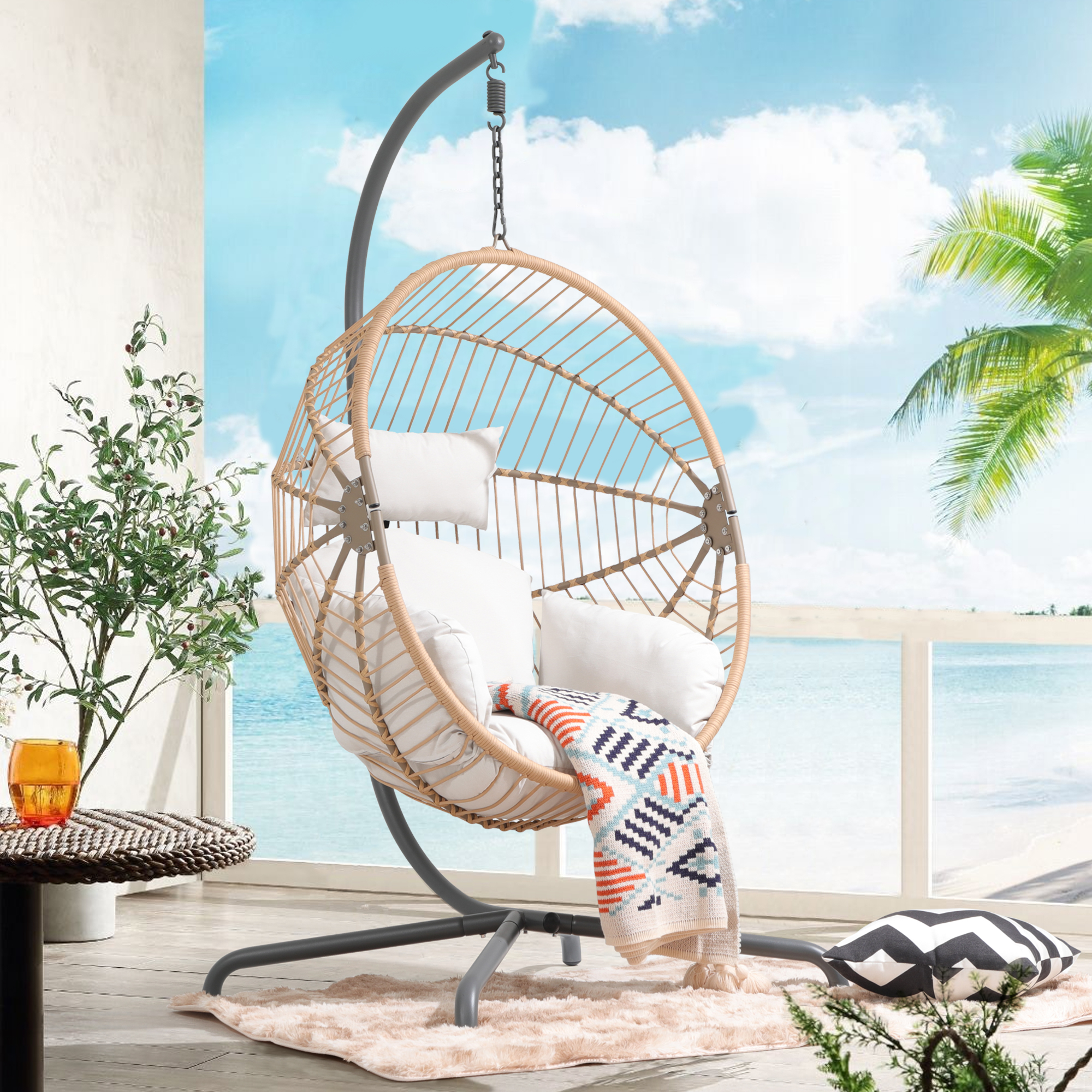 Hanging Egg Chair with Stand Steel Outdoor Folding Hanging Chairs, Oval Shape