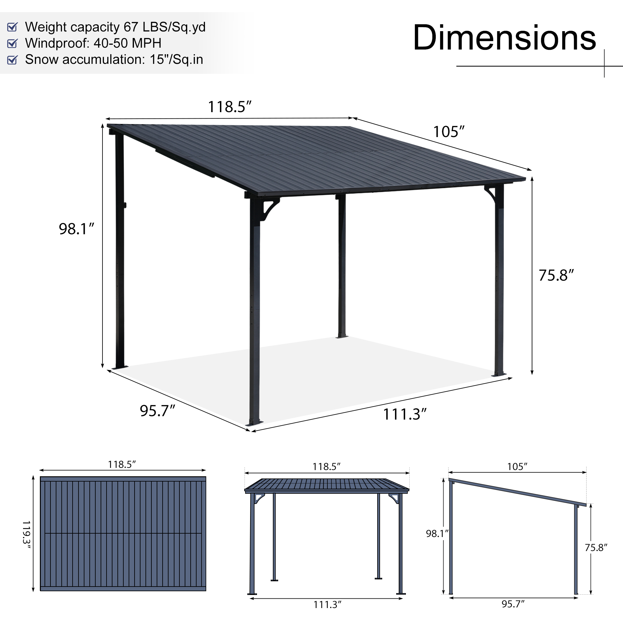 Outdoor Gazebo, Outdoor Lean to Gazebo Pergola w/Drainage Holes, Wall-Mounted Gazebo with Hard Top Metal Awnings for Patio Backyard Deck, Dark Grey