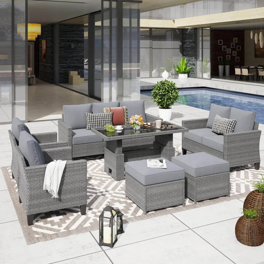 52'' Rectangle Outdoor Patio Lift Dining Table Wicker Coffee Table with Glass Tabletop