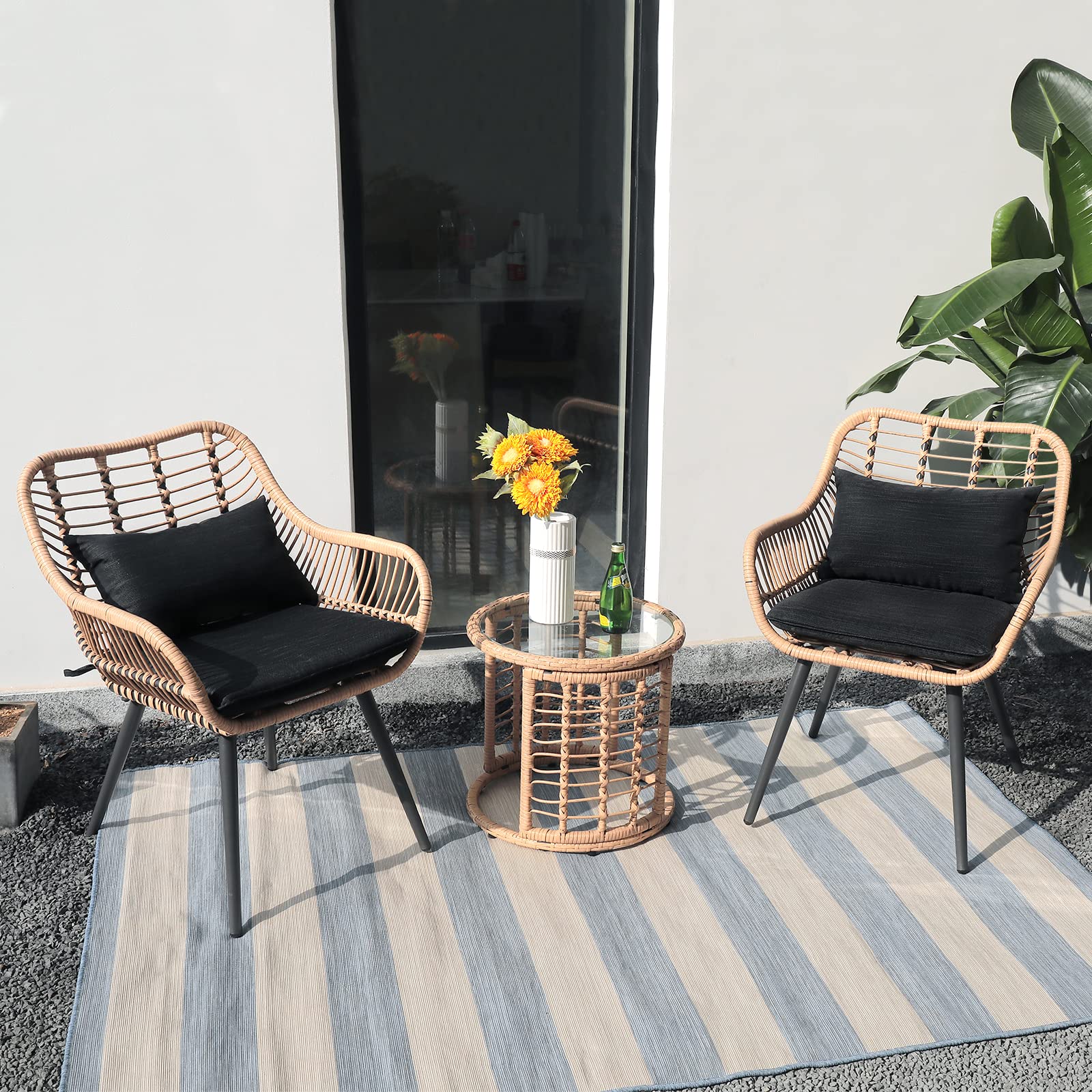 3 Piece Outdoor Wicker Furniture Bistro Set, Patio Rattan Conversation Set with Round Glass Top Coffee Side Table