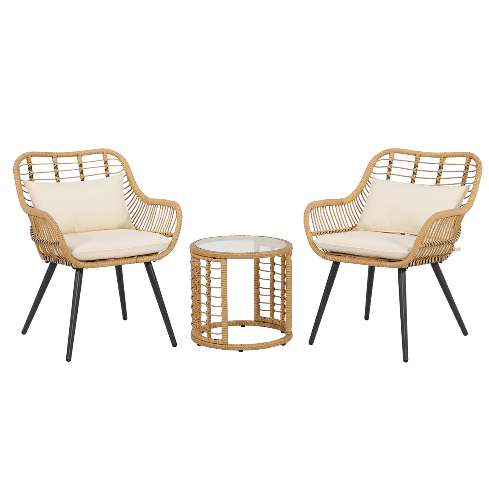 3 Piece Outdoor Wicker Furniture Bistro Set, Patio Rattan Conversation Set with Round Glass Top Coffee Side Table