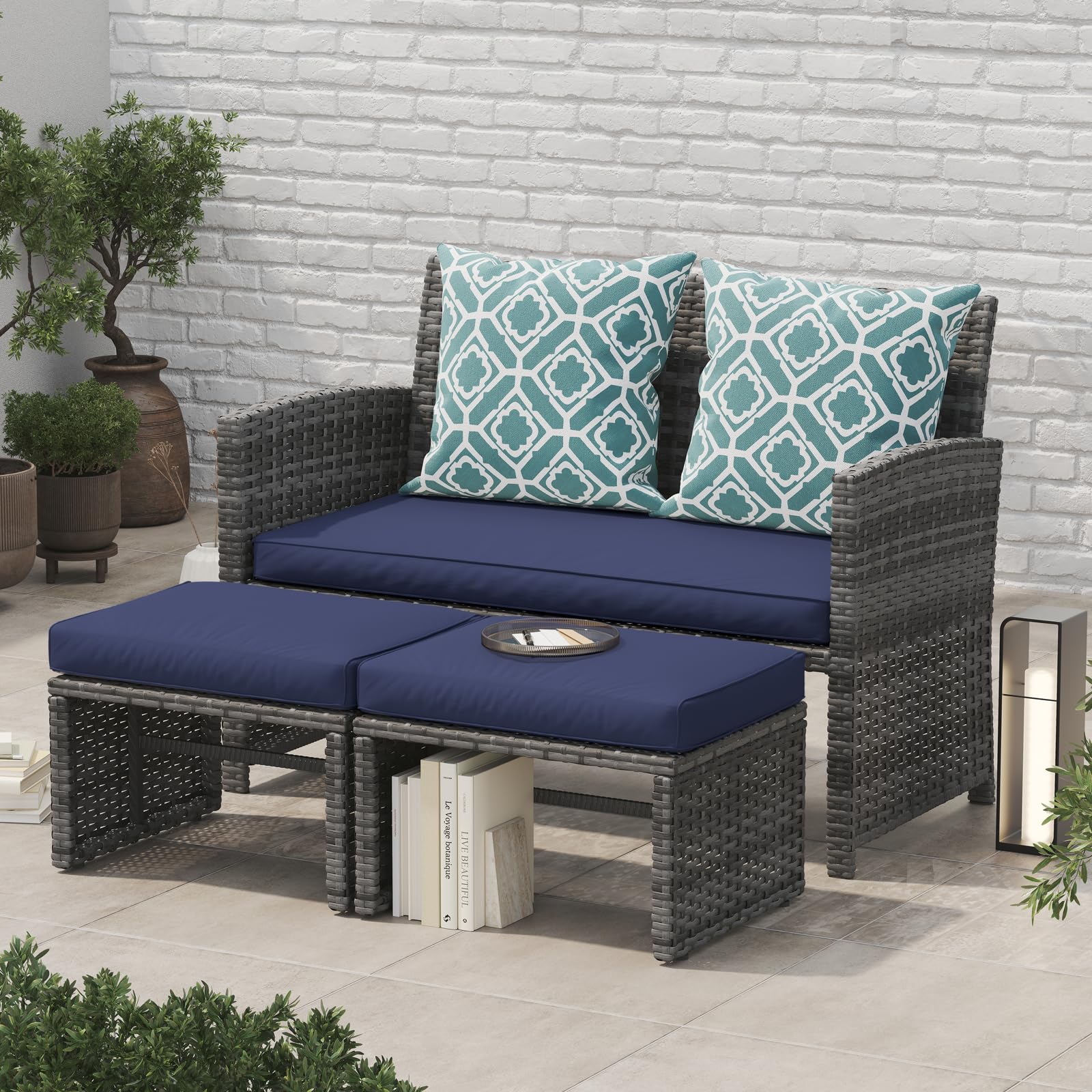 3pcs Small All Weather Wicker Outdoor Loveseat with Ottomans