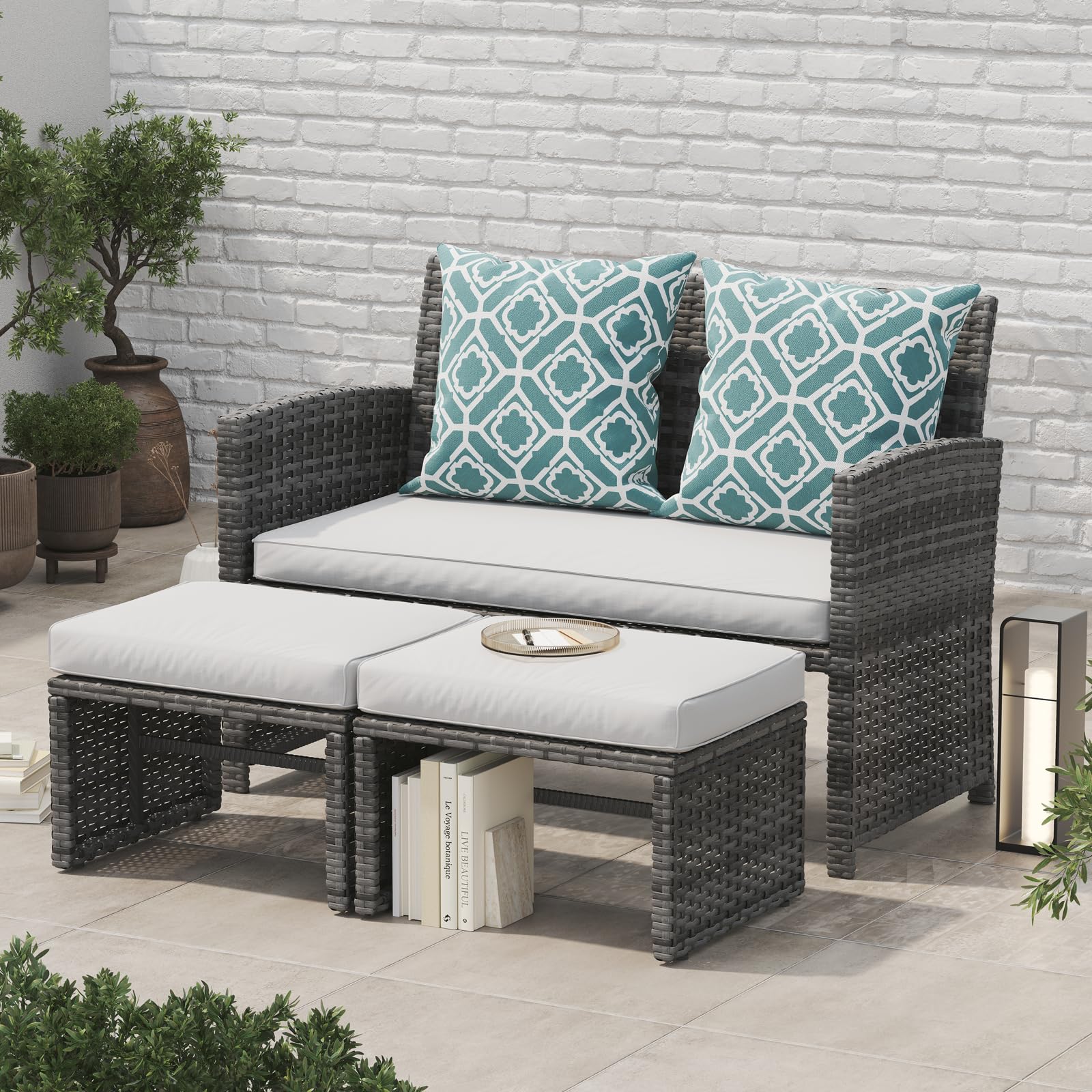 3pcs Small All Weather Wicker Outdoor Loveseat with Ottomans