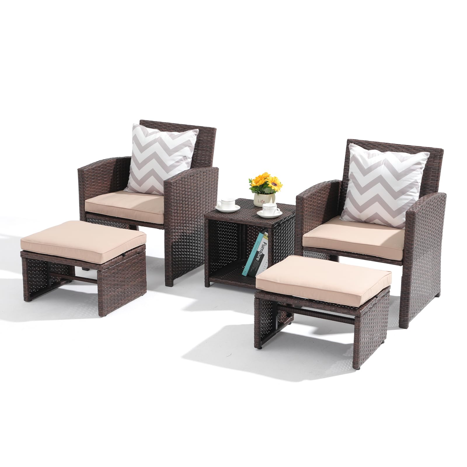 5pcs Brown Wicker Patio Bistro Set, with Pull Out Ottomans & Storage Side Table, 3 Cushion Colors