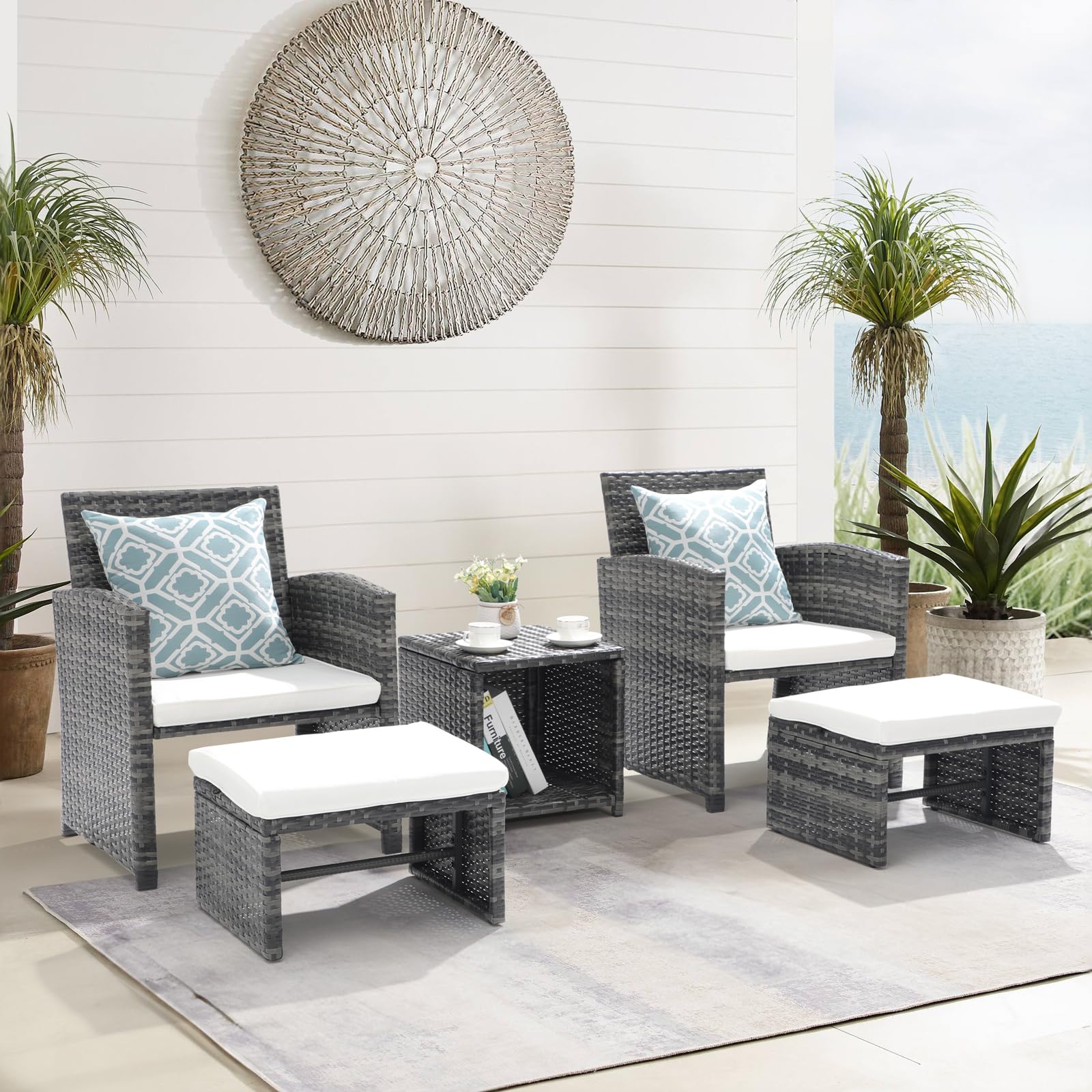5pcs Wicker Patio Chair with Pull Out Ottomans & Storage Side Table,3 Cushon Colors