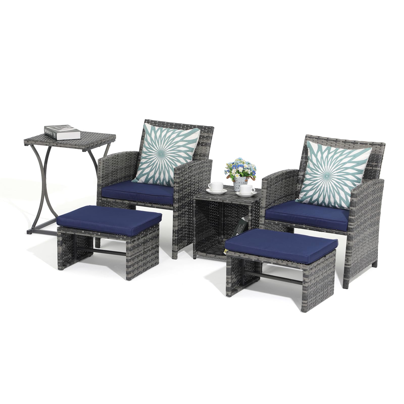 6pcs Wicker Patio Bistro Set Outdoor Conversation Set Patio Chairs with Ottomans & 2 Side Tables