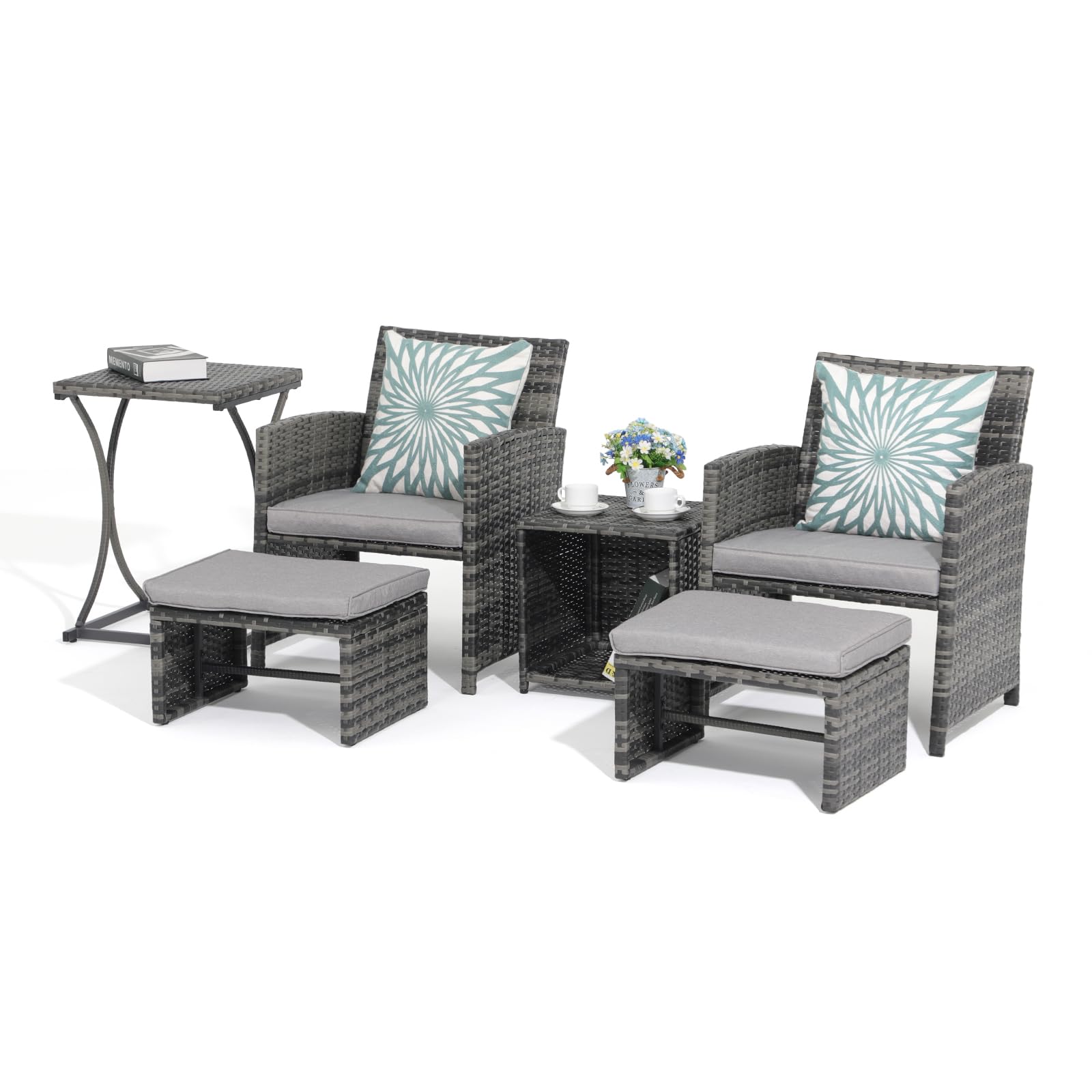 6pcs Wicker Patio Bistro Set Outdoor Conversation Set Patio Chairs with Ottomans & 2 Side Tables