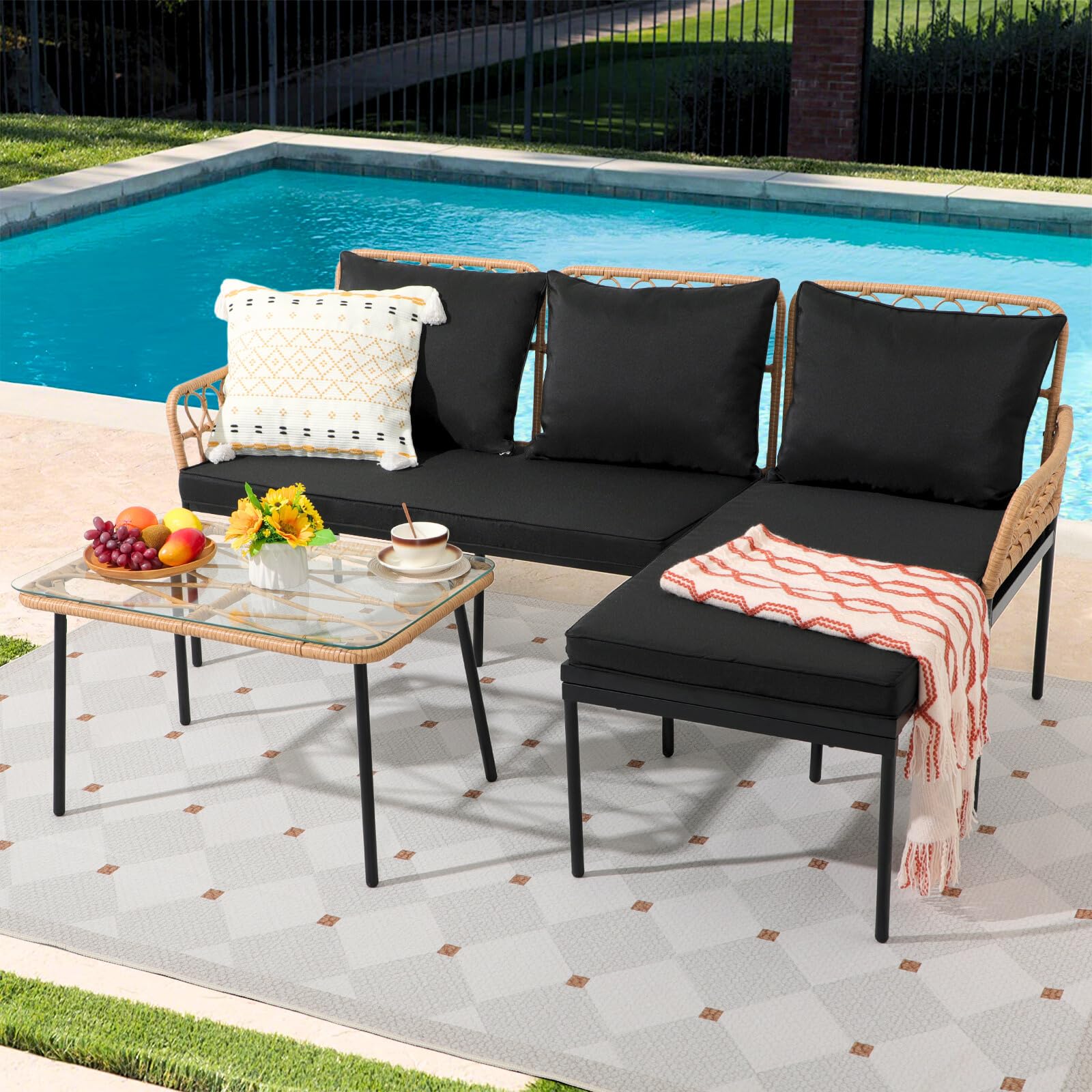 3pcs Outdoor Patio Sectional Set Boho Furniture Set For Small Spaces