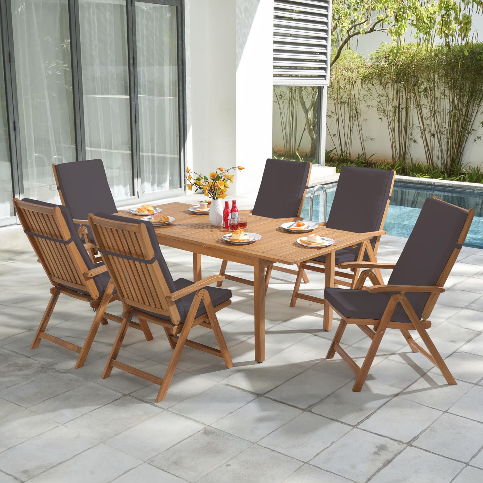 7 pcs Outdoor FSC Certified Acacia Wood Dining Set, 6 Foldable Reclining Chair and Extendable Dining Table