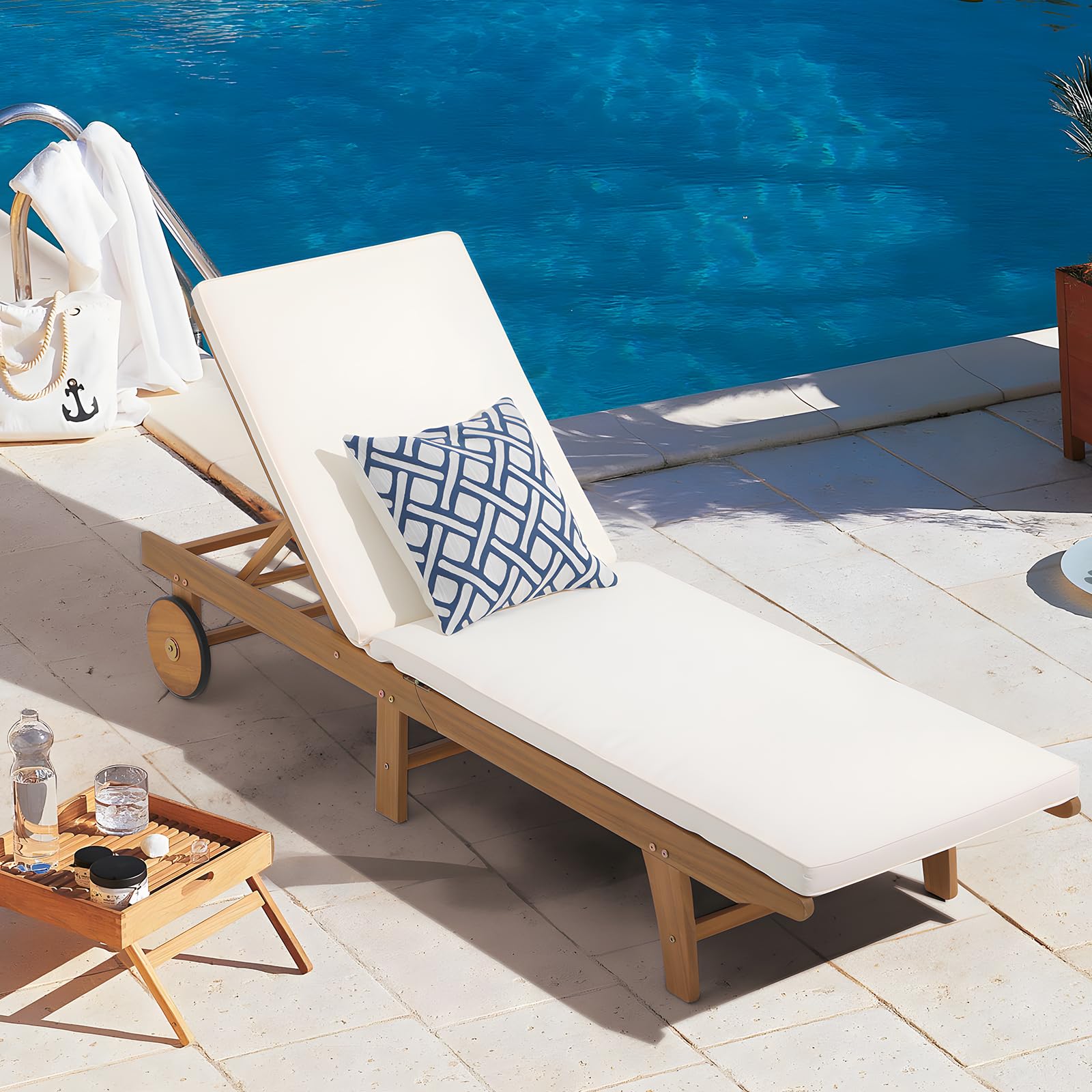 1-2 Pcs Folding Lounge Chair Acacia Wood Chaise Lounge, with Wheels, 2 Colors