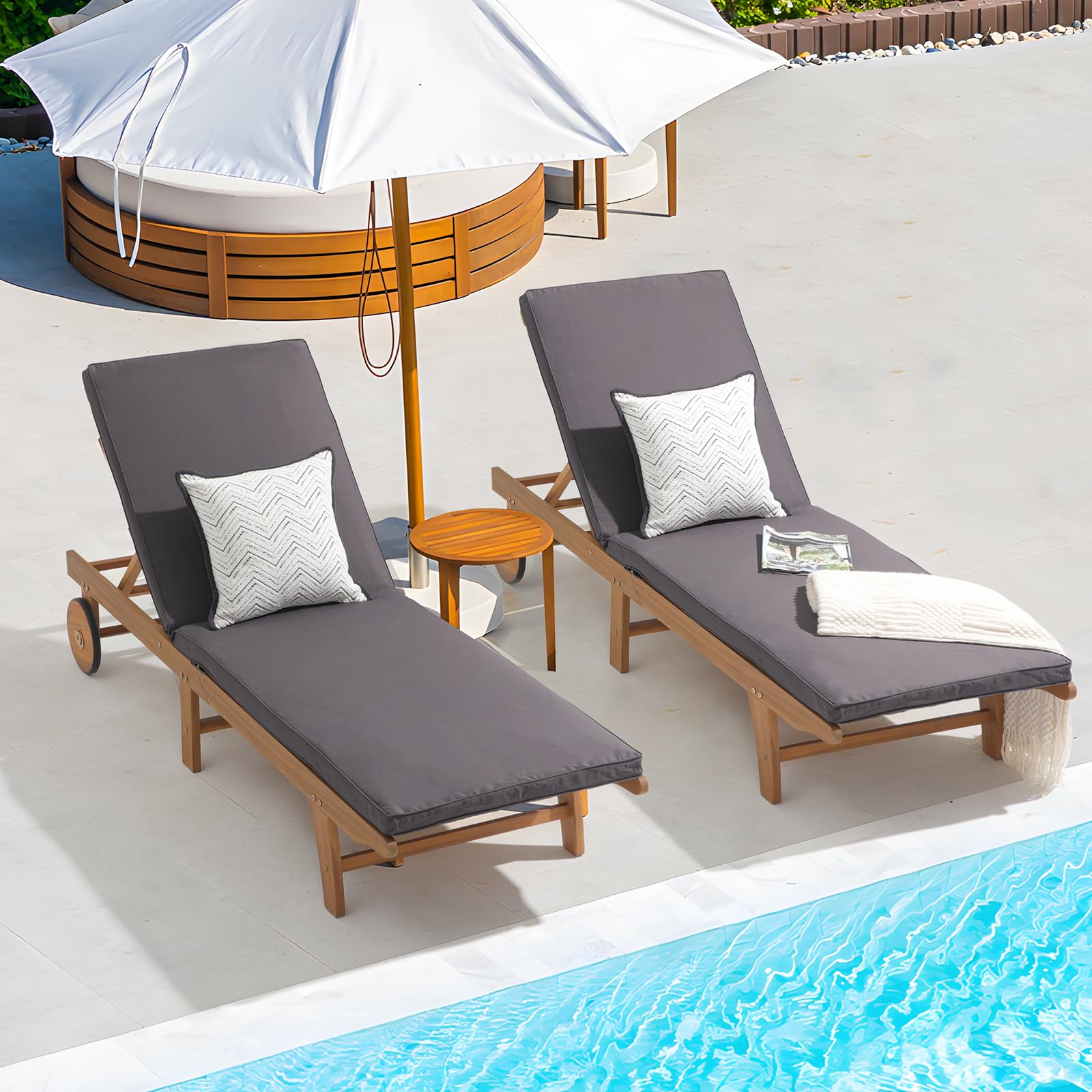 1-2 Pcs Folding Lounge Chair Acacia Wood Chaise Lounge, with Wheels, 2 Colors