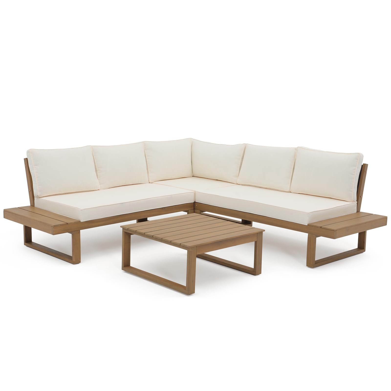 6 Seats Teak Outdoor Sectional Set L-Shaped Patio Seating Set with Cushions, 2 Colors