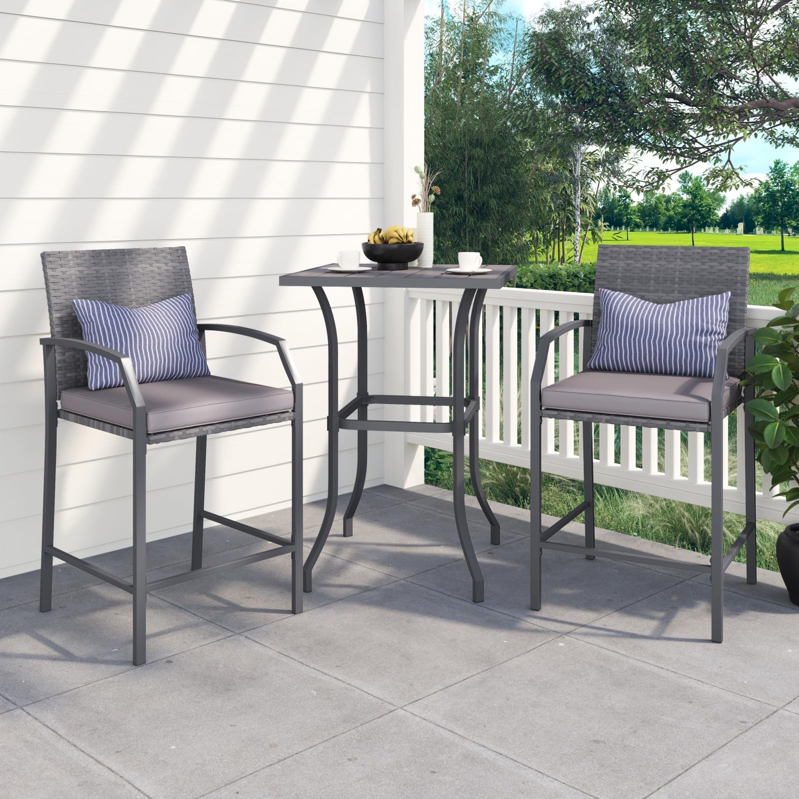 3pcs Outdoor Bar Height Bistro Set Square Coffee Table & Two Wicker Bar Stools