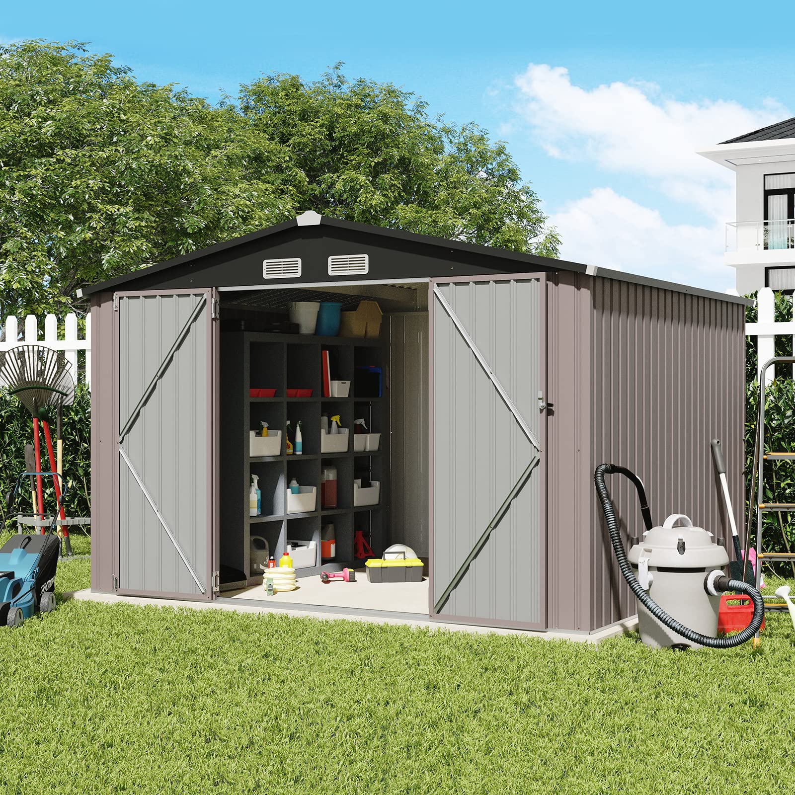 10' x 8' Outdoor Storage Shed, Metal Garden Tool Shed with Lockable Door