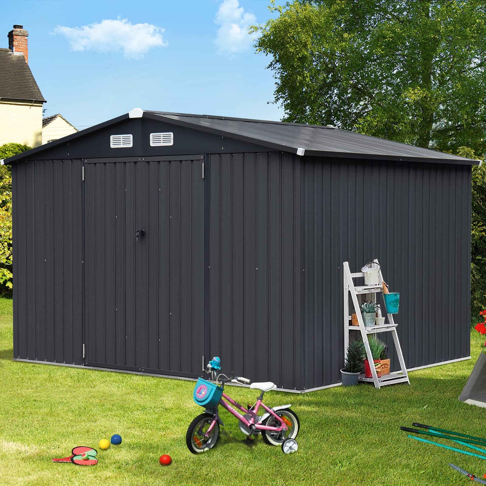 10' x 8' Outdoor Storage Shed, Metal Garden Tool Shed with Lockable Door