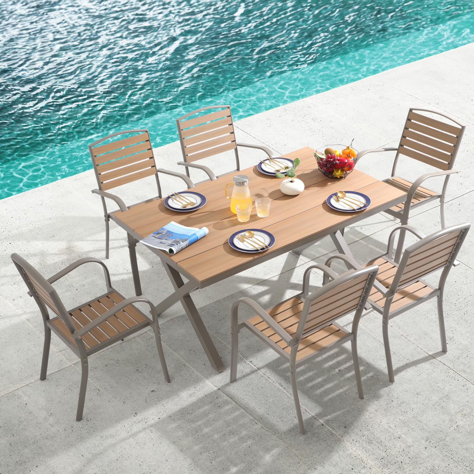 7pcs Aluminum Outdoor Dining Sets,  Faux Woodgrain Rectangular Table and Stackable Chairs 