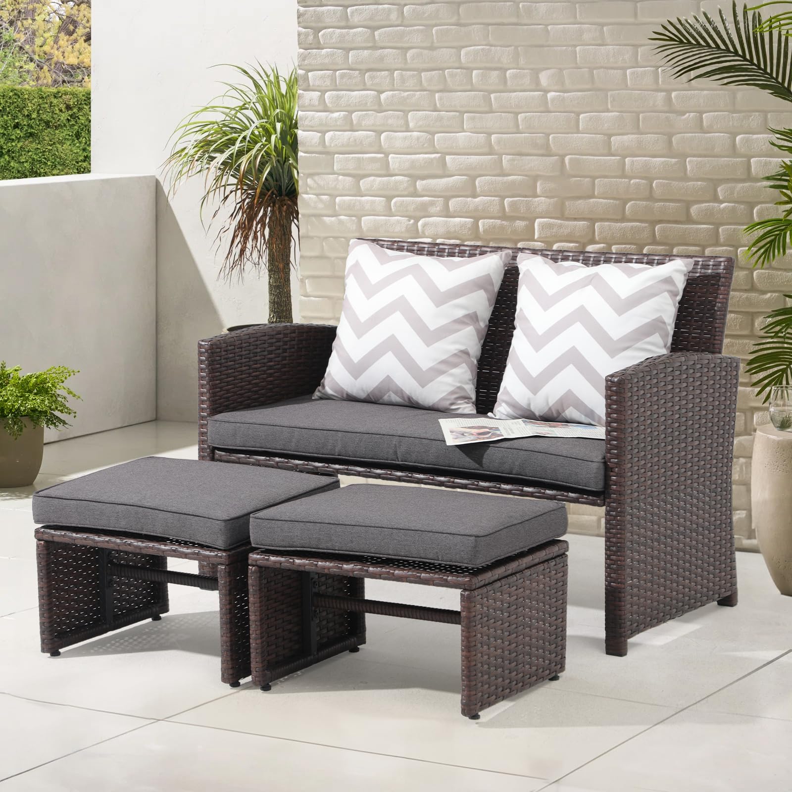 3pcs Small Outdoor Loveseat with Ottomans, 3 Cushion Colors