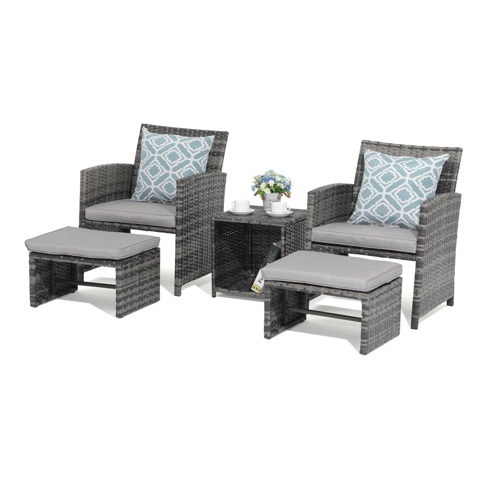 5pcs Wicker Patio Chair with Pull Out Ottomans & Storage Side Table, 3 Colors