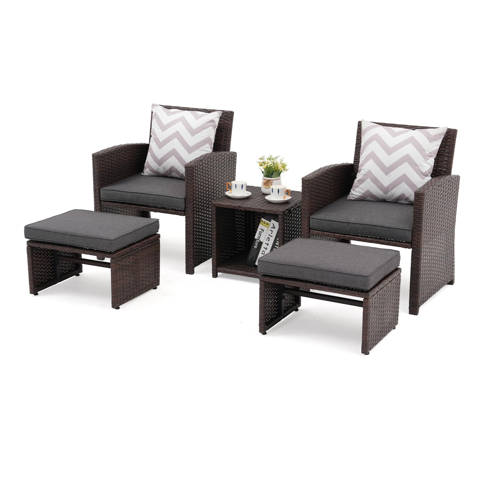 5pcs Brown Wicker Patio Bistro Set, with Pull Out Ottomans & Storage Side Table, 3 Cushion Colors