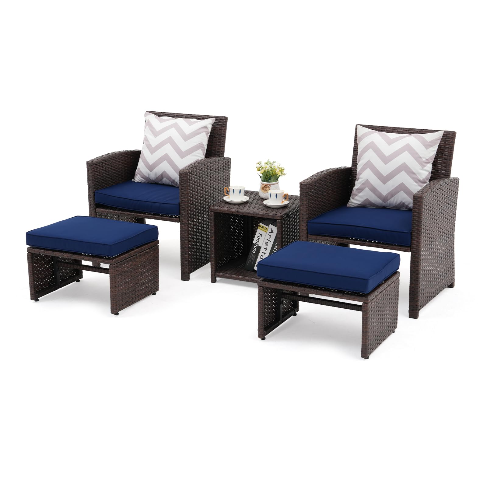 5pcs Brown Wicker Patio Bistro Set, with Pull Out Ottomans & Storage Side Table, 3 Cushion Colors
