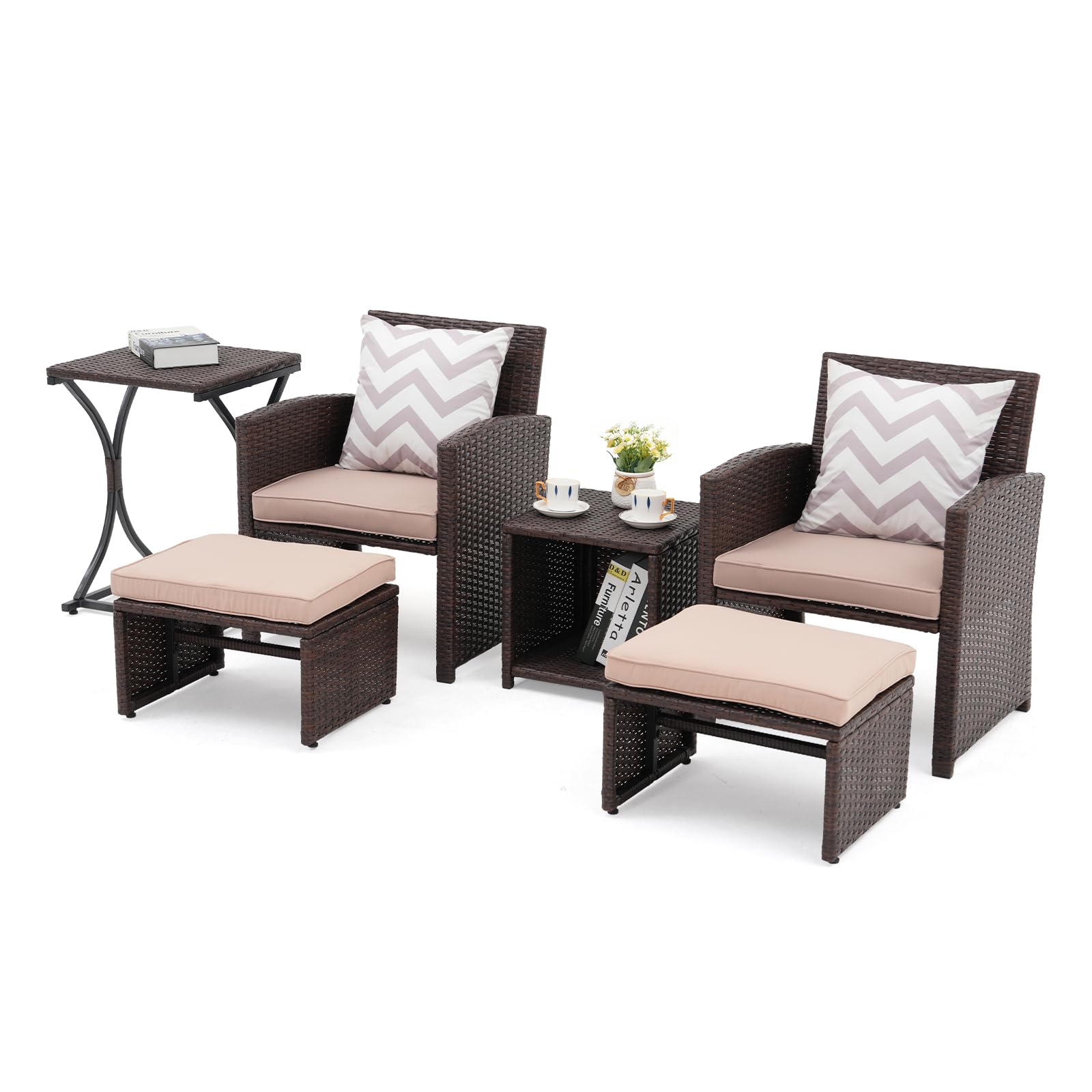 6pcs Brown Wicker Outdoor Conversation Set, Patio Chairs with Ottomans & 2 Side Tables,3 Cushion colors