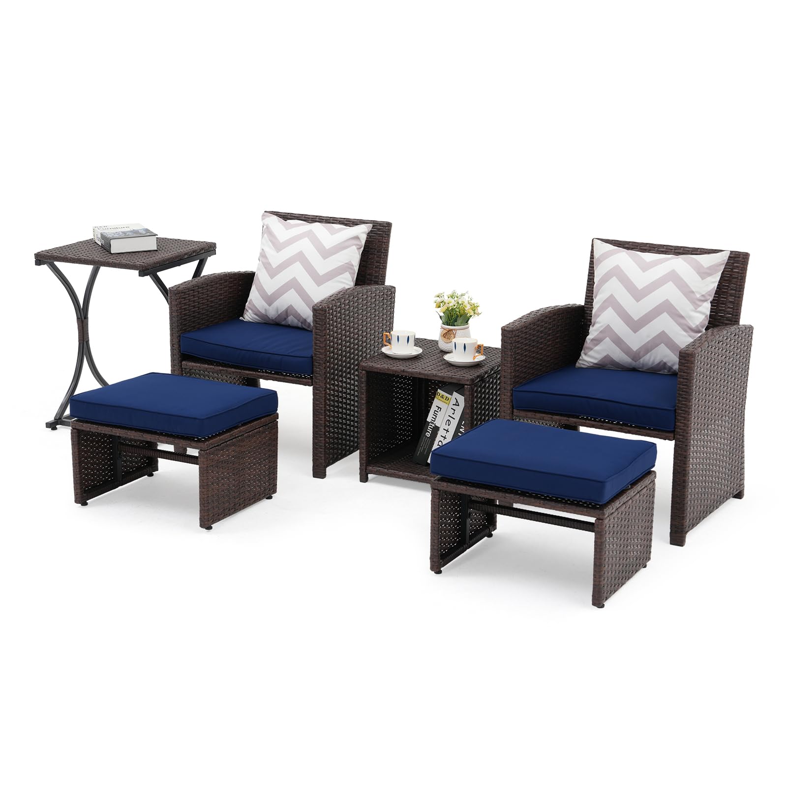 6pcs Brown Wicker Outdoor Conversation Set, Patio Chairs with Ottomans & 2 Side Tables,3 Cushion colors