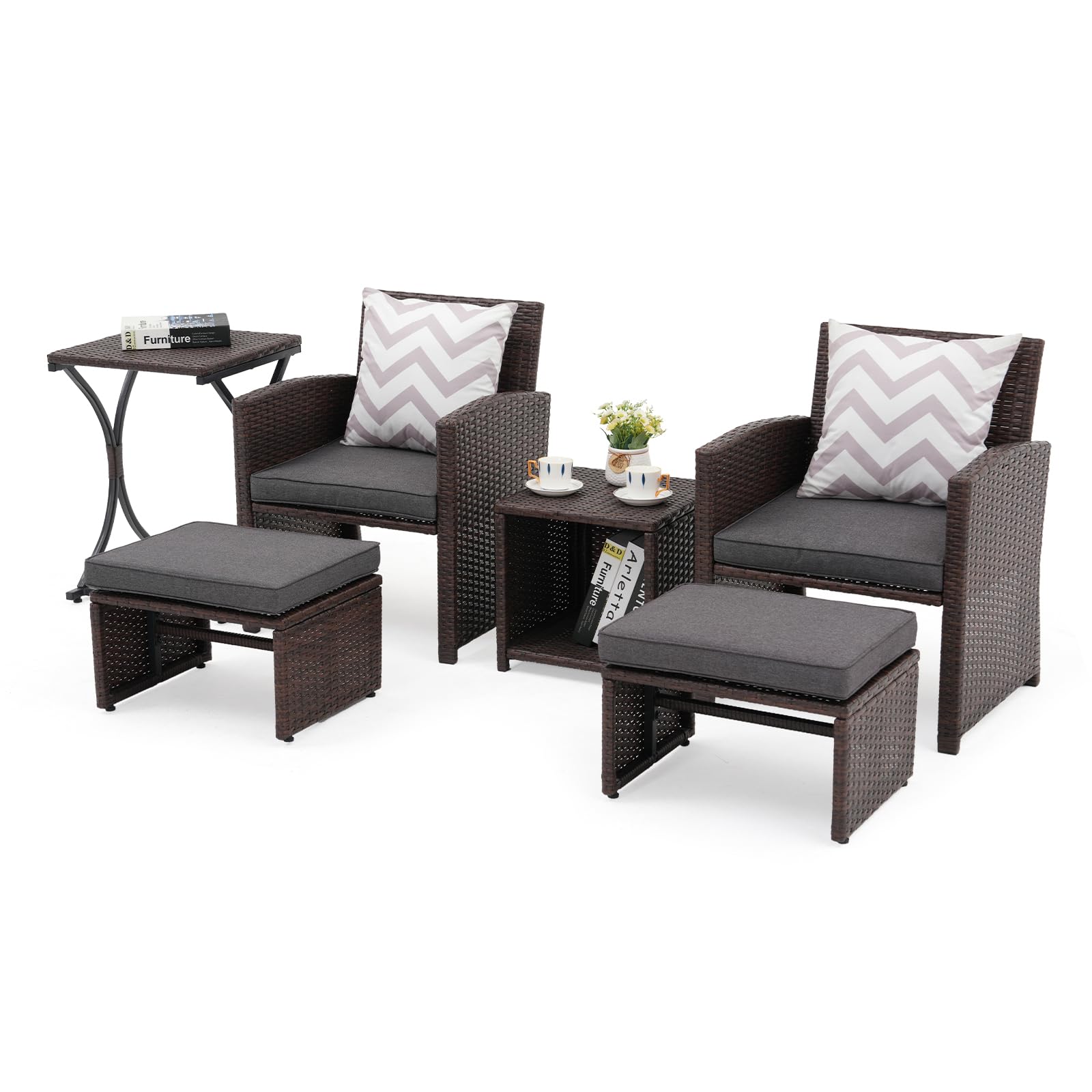 6pcs Brown Wicker Outdoor Conversation Set, Patio Chairs with Ottomans & 2 Side Tables,3 Cushion colors