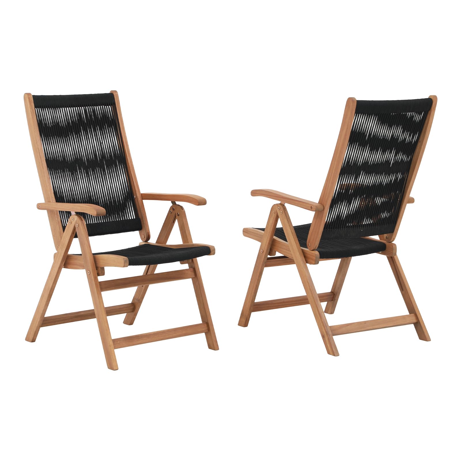 2pcs Folding Patio Dining Chairs, Outdoor Acacia Wooden Rope Reclining Chair w/Armrest, FSC Certified Wood,