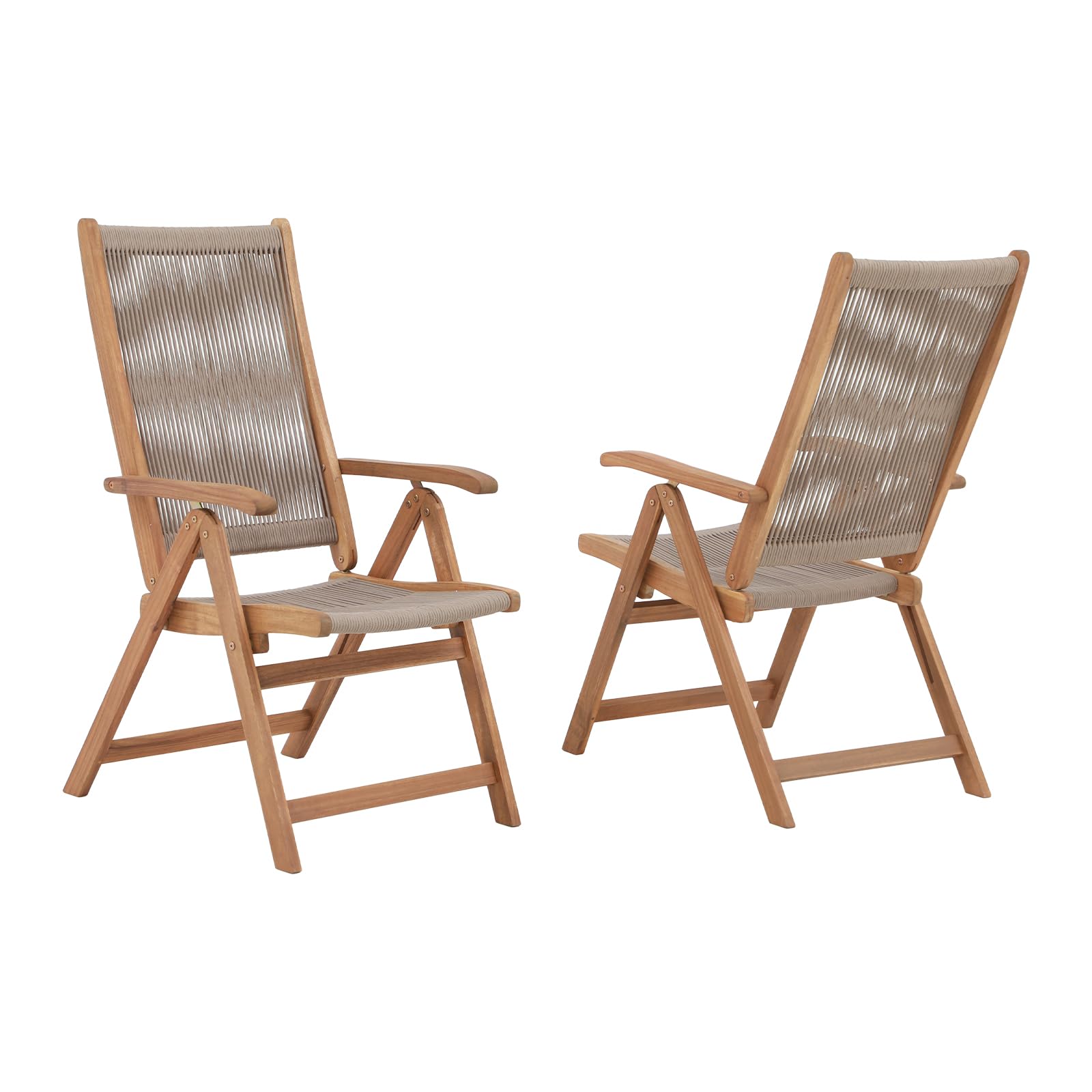 2pcs Folding Patio Dining Chairs, Outdoor Acacia Wooden Rope Reclining Chair w/Armrest, FSC Certified Wood,
