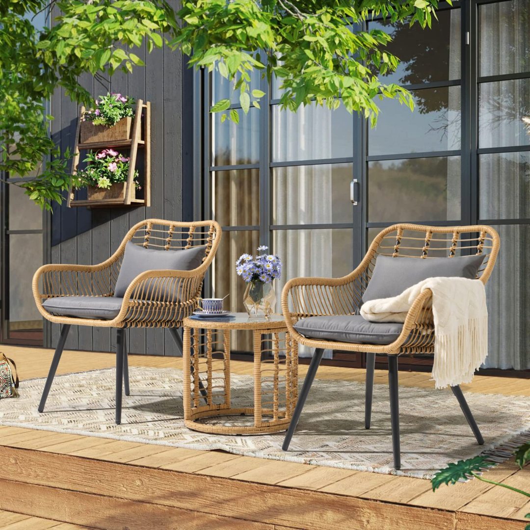 3 Piece Outdoor Wicker Furniture Bistro Set, Patio Rattan Conversation