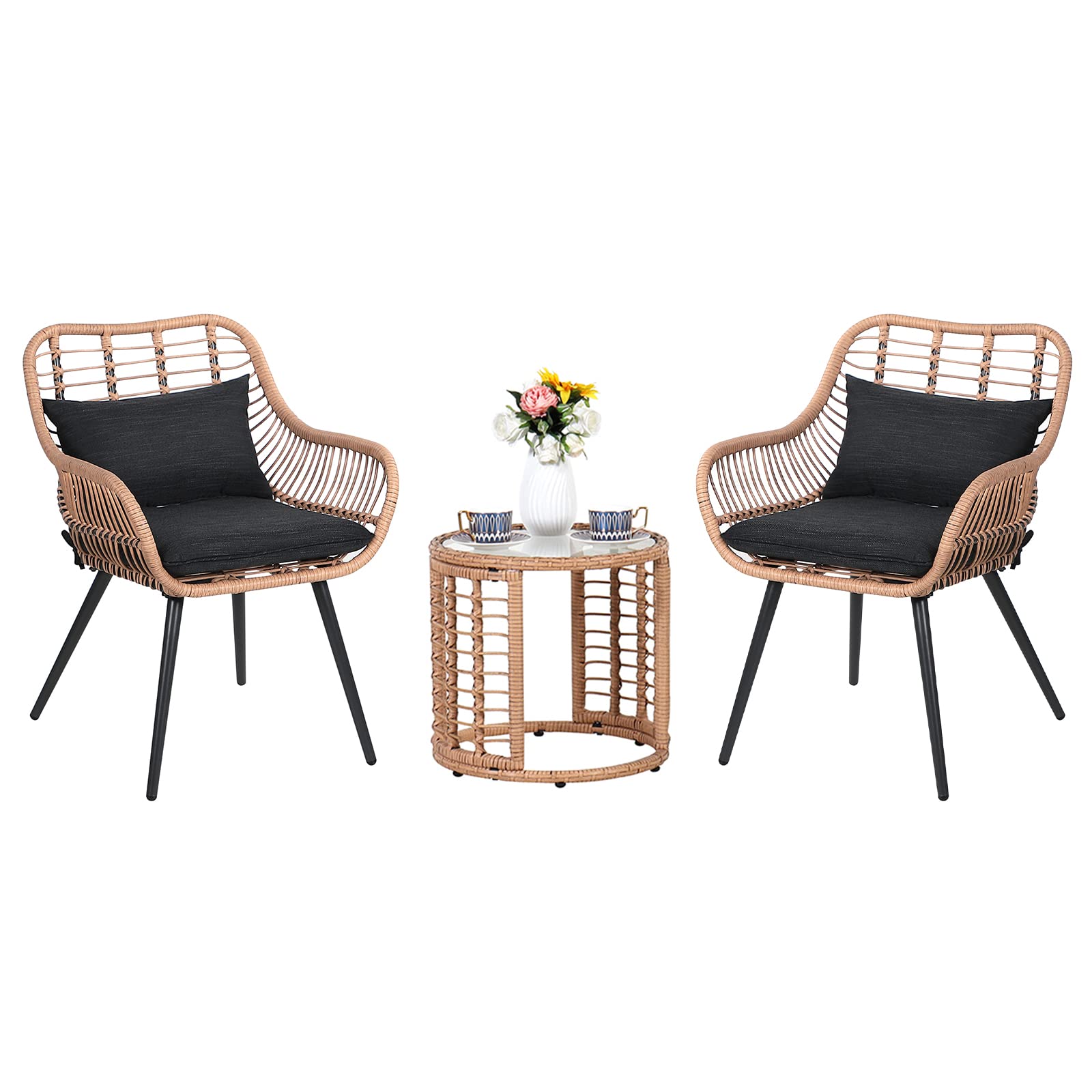 3 Piece Outdoor Wicker Furniture Bistro Set, Patio Rattan Conversation Set with Round Glass Top Coffee Side Table