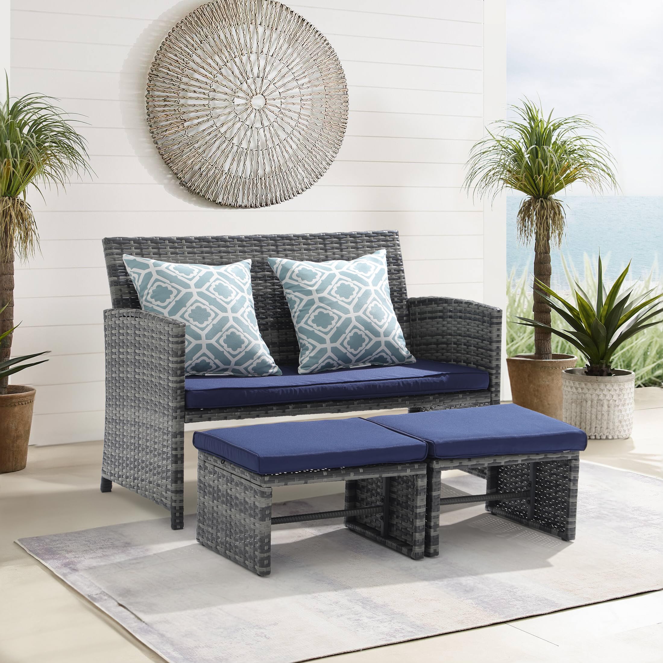 3pcs Small All Weather Wicker Outdoor Loveseat with Ottomans