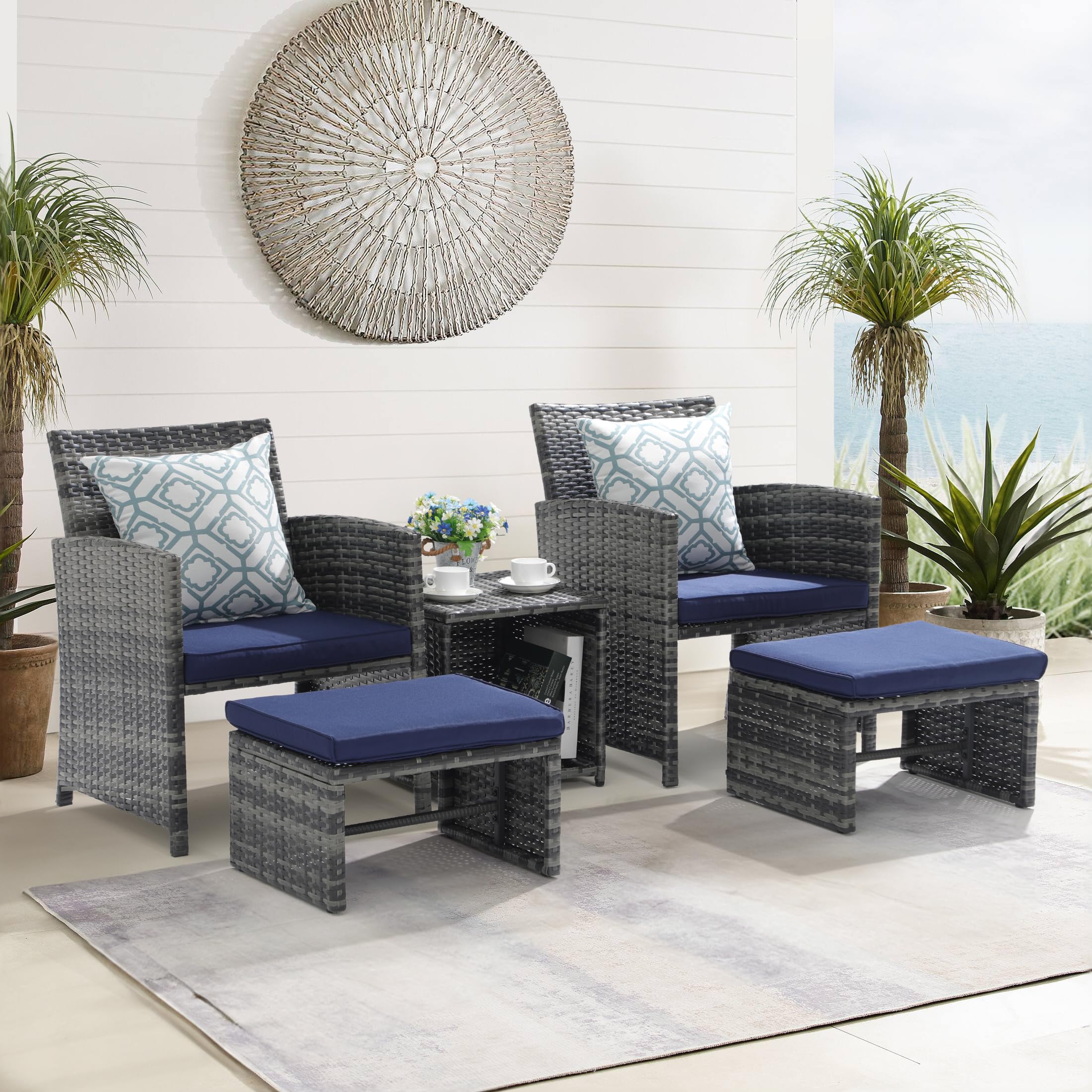 5pcs Wicker Patio Chair with Pull Out Ottomans & Storage Side Table,3 Cushon Colors