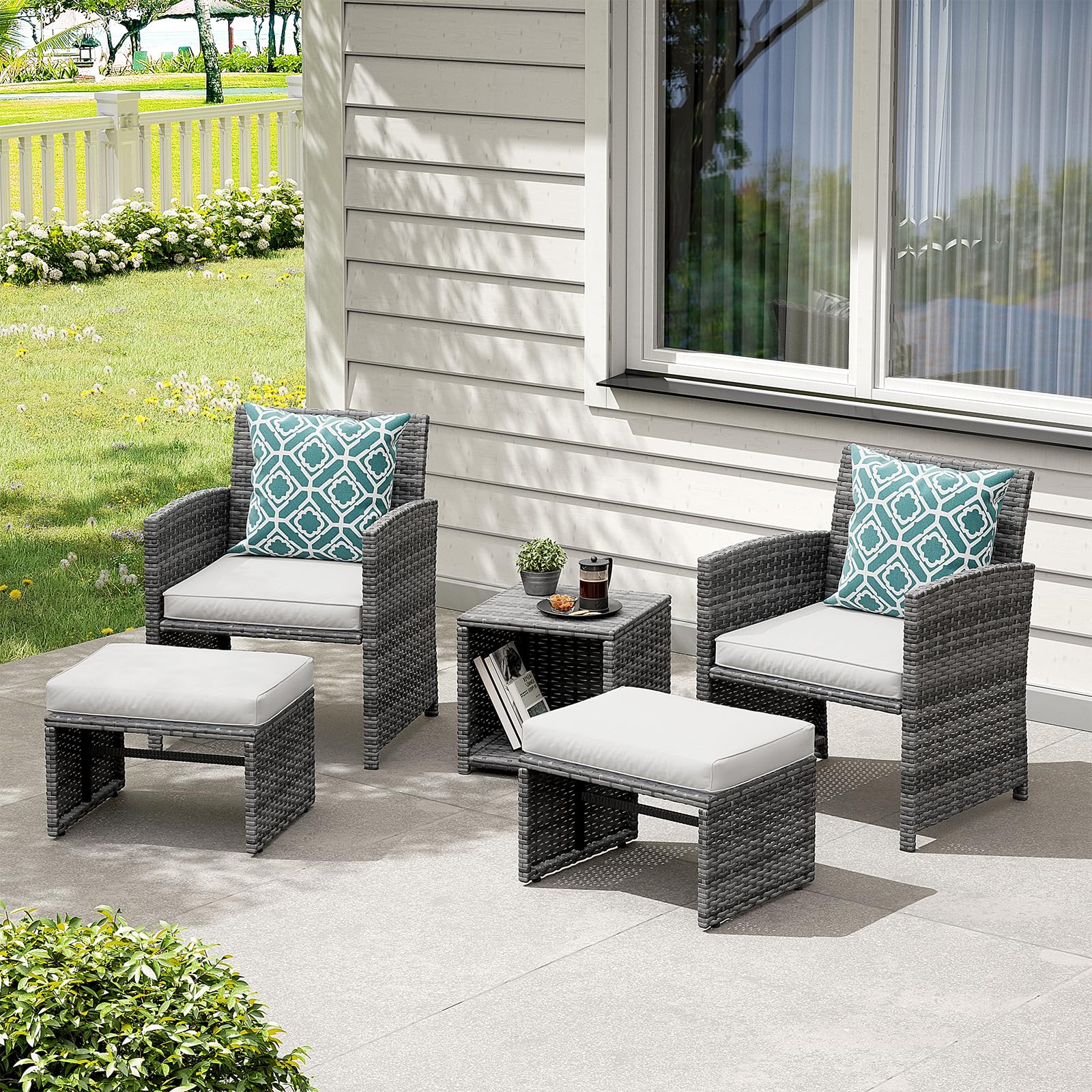 5pcs Wicker Patio Chair with Pull Out Ottomans & Storage Side Table,3 Cushon Colors
