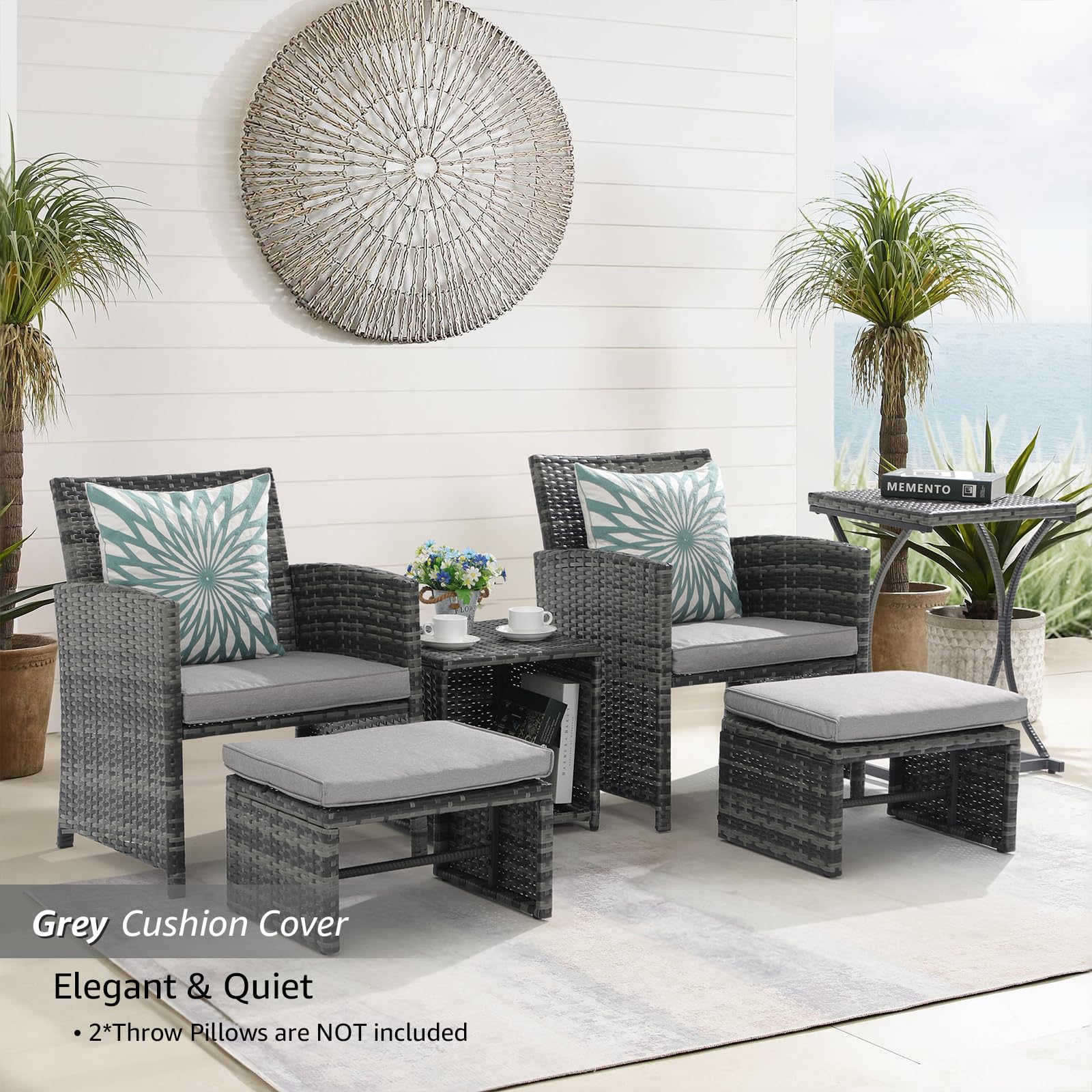 6pcs Wicker Patio Bistro Set Outdoor Conversation Set Patio Chairs with Ottomans & 2 Side Tables