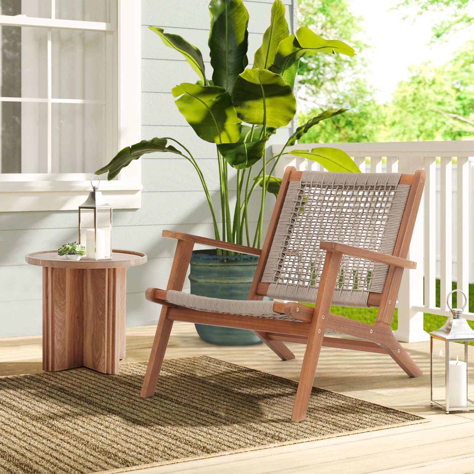 Wood Patio Lounge Chairs, Modern Acacia Wood Accent Armchair with Handwoven Rope, Set of 2