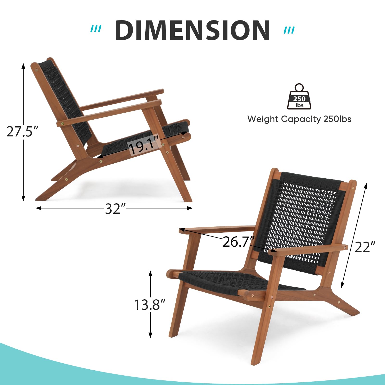 Wood Patio Lounge Chairs, Modern Acacia Wood Accent Armchair with Handwoven Rope, Set of 2