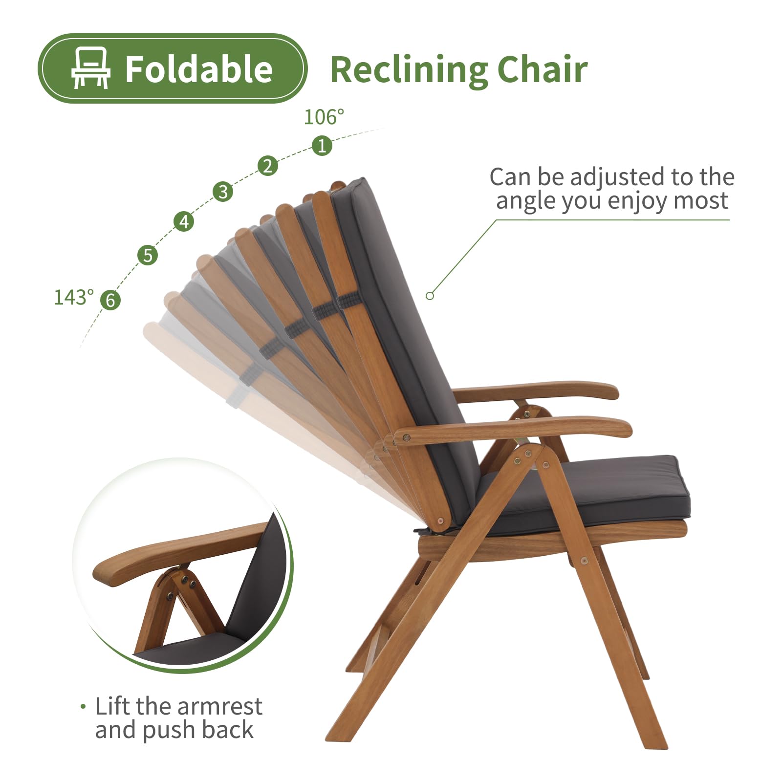 Folding Patio Dining Chair Set, Outdoor Acacia Wooden Reclining Chair, Set of 2, 2 Colors