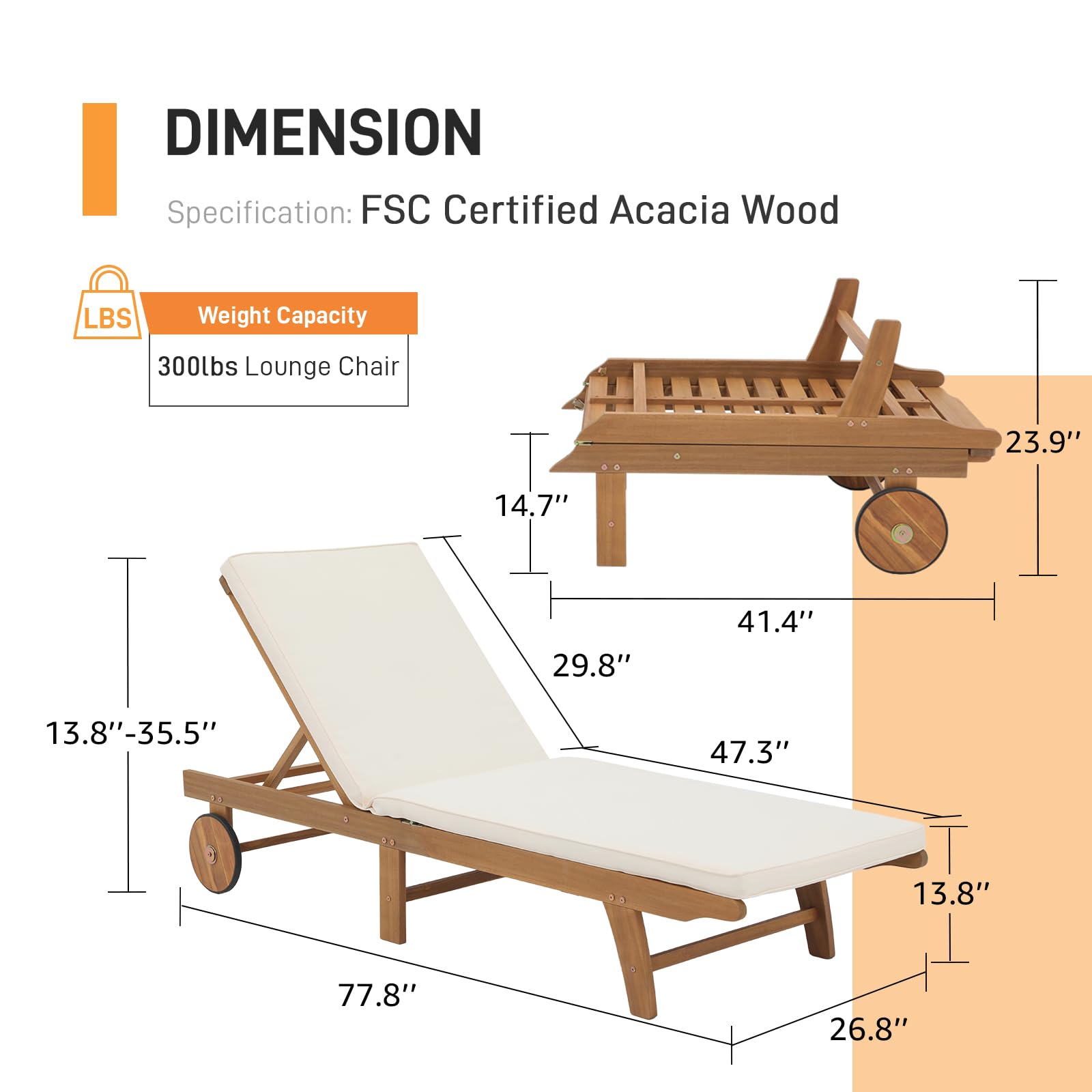1-2 Pcs Folding Lounge Chair Acacia Wood Chaise Lounge, with Wheels, 2 Colors