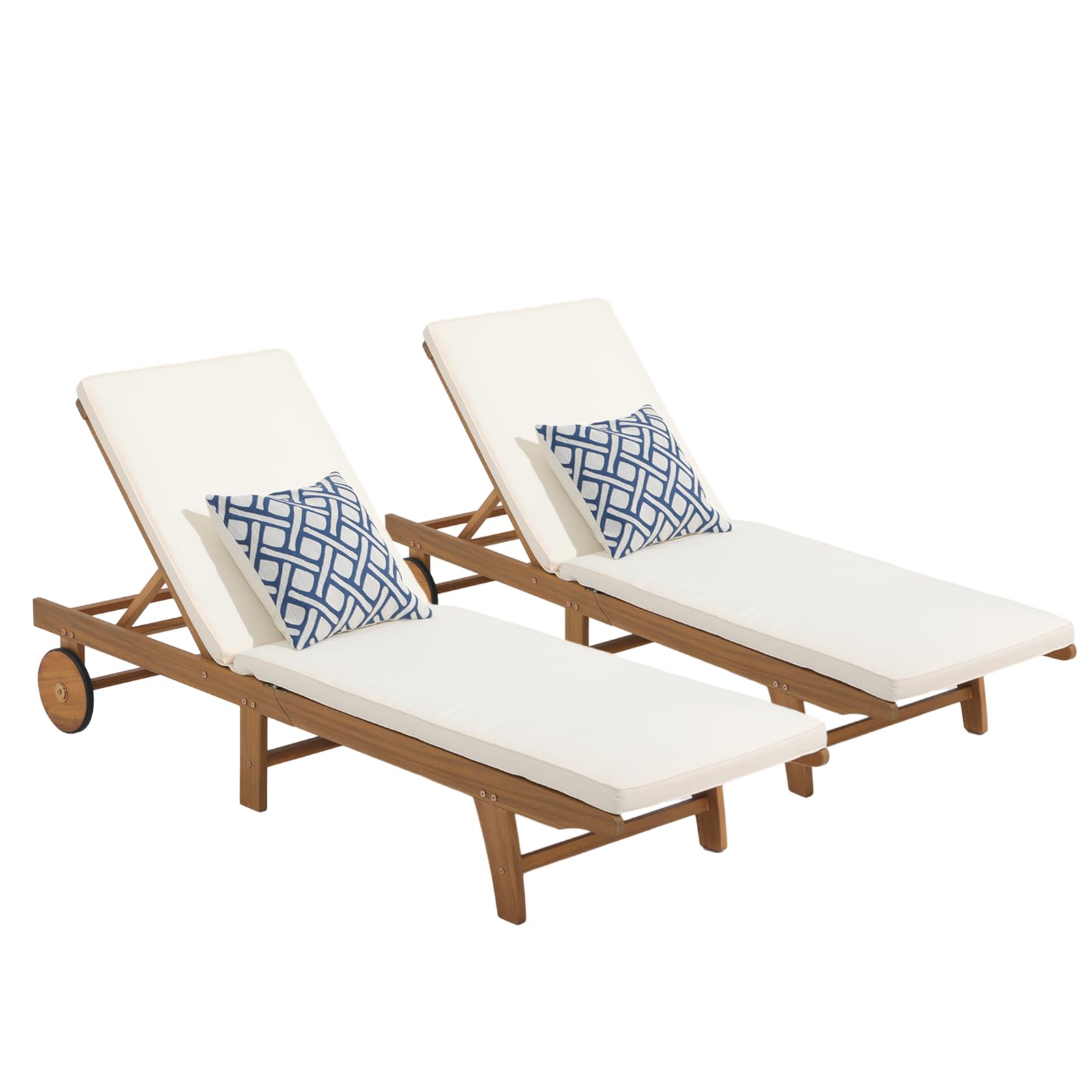 1-2 Pcs Folding Lounge Chair Acacia Wood Chaise Lounge, with Wheels, 2 Colors