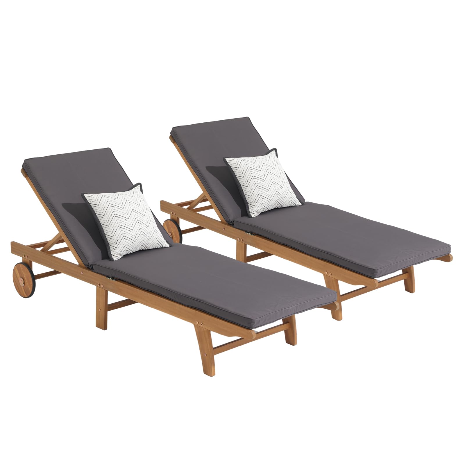 1-2 Pcs Folding Lounge Chair Acacia Wood Chaise Lounge, with Wheels, 2 Colors